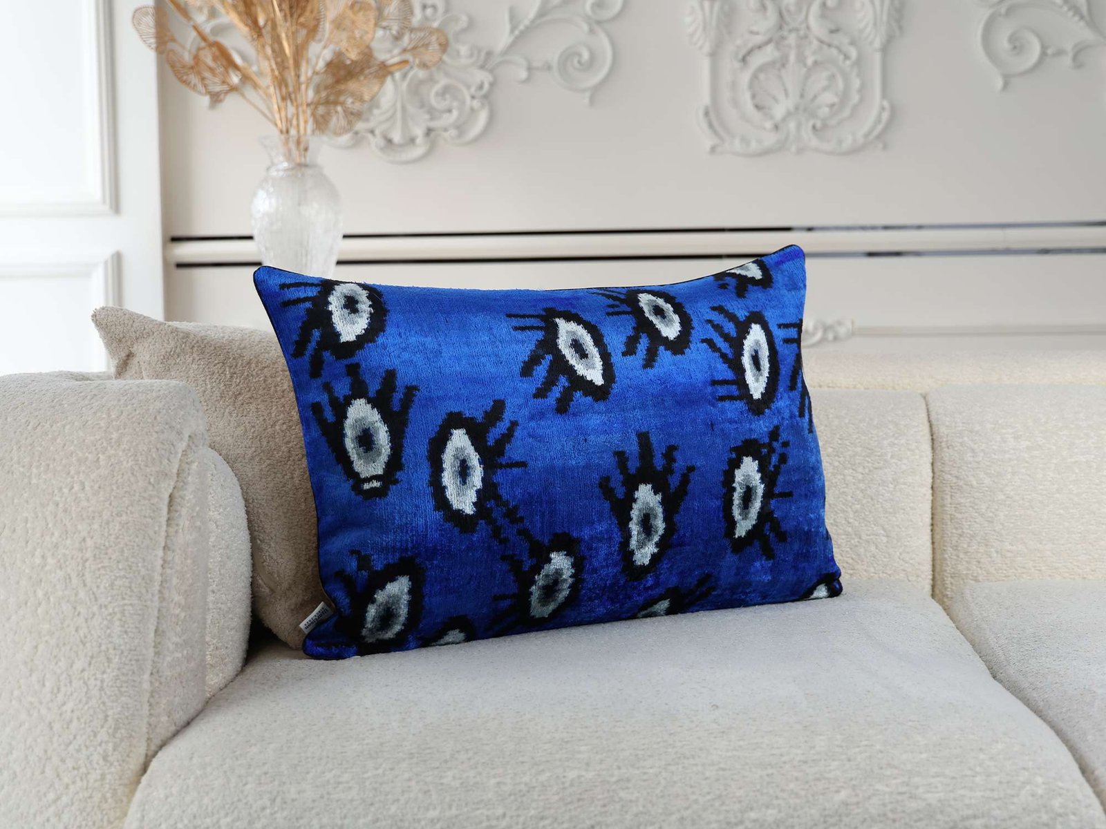 Evil Eye Handwoven Silk Velvet Ikat Lumbar Pillow Cover