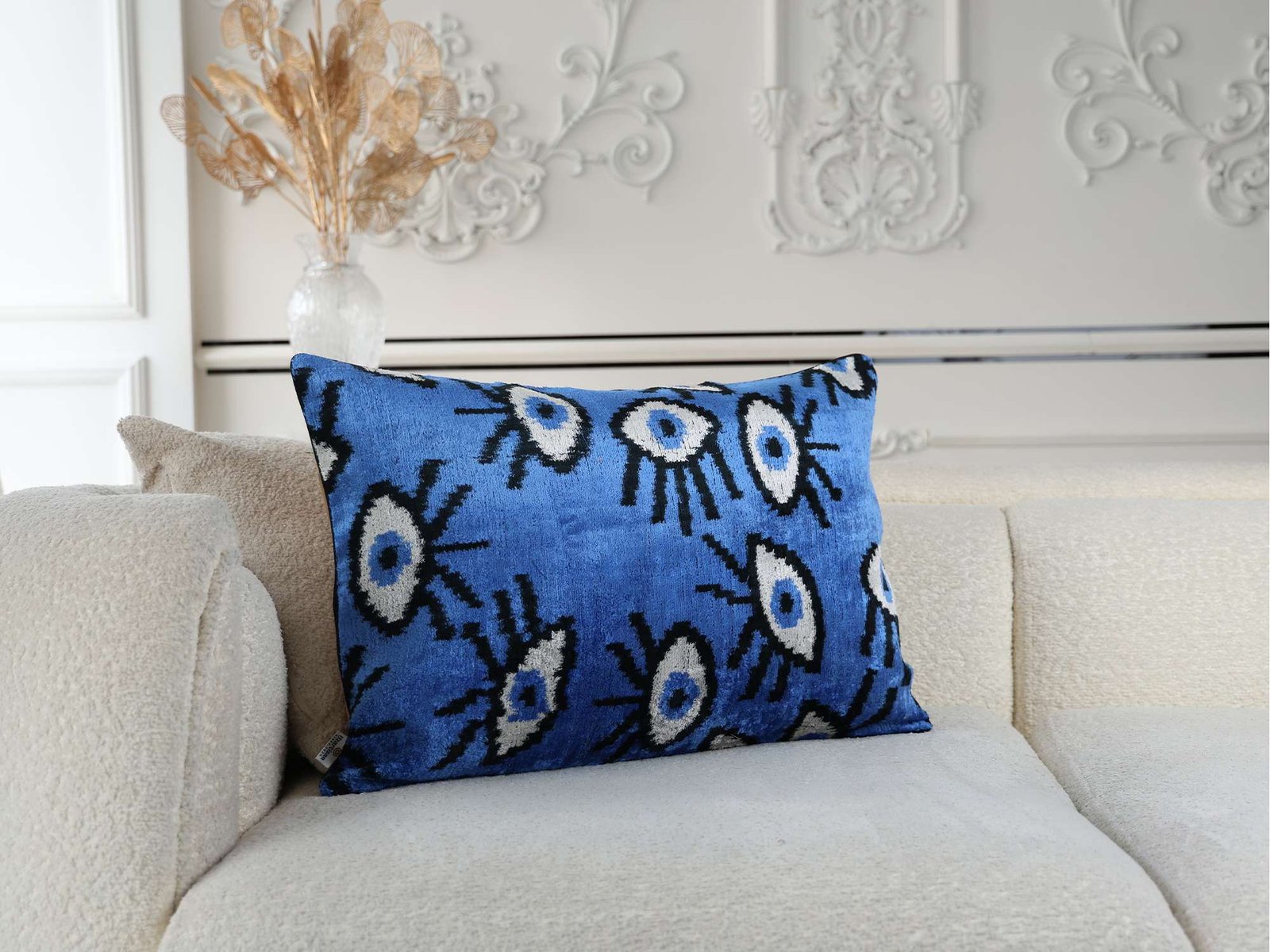 Royal Blue Evil Eye Handwoven Silk Velvet Lumbar Pillow Cover