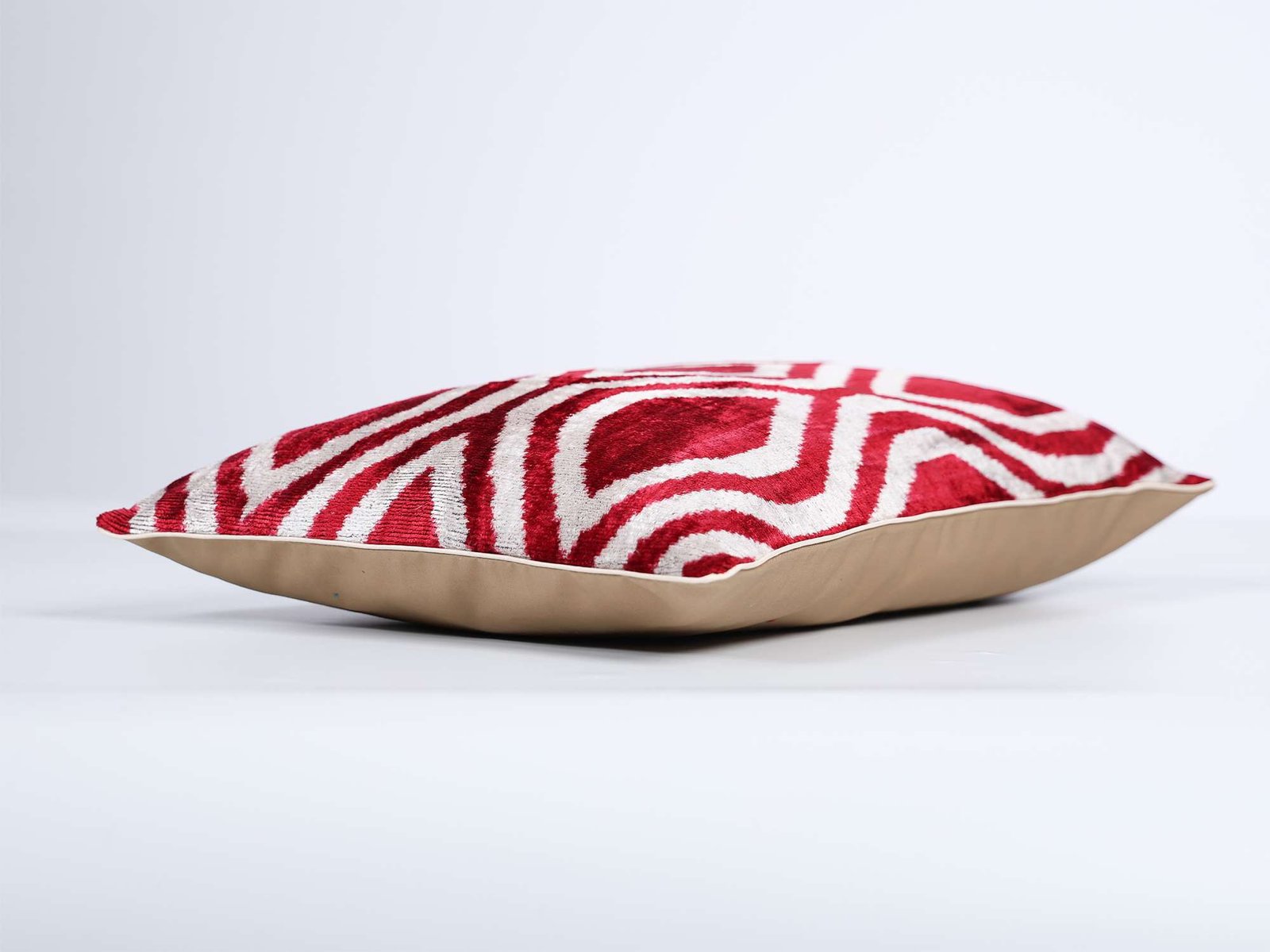 Red White Handwoven Silk Velvet Geometric Ikat Lumbar Pillow Cover