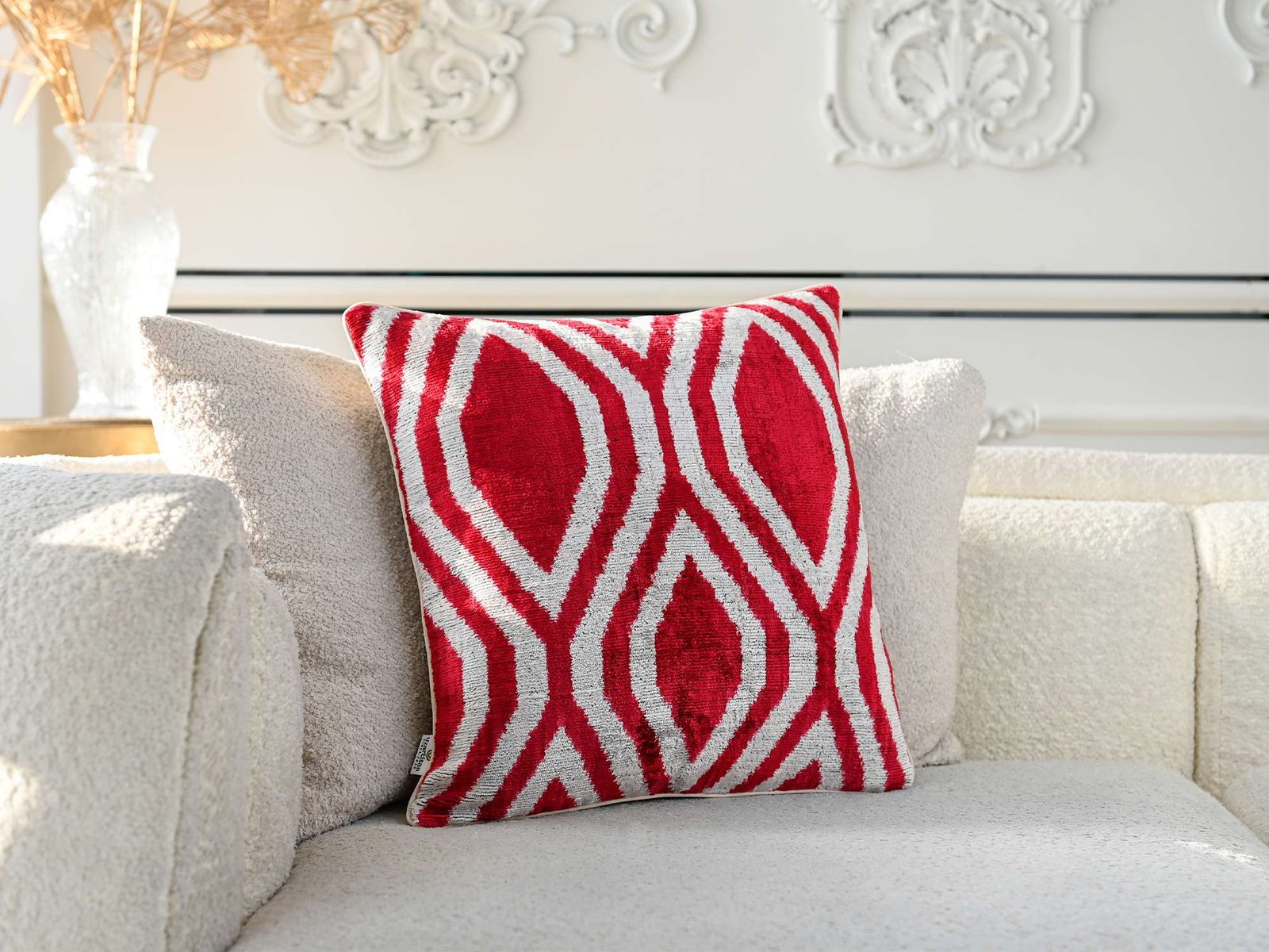 Red White Handwoven Silk Velvet Geometric Ikat Lumbar Pillow Cover