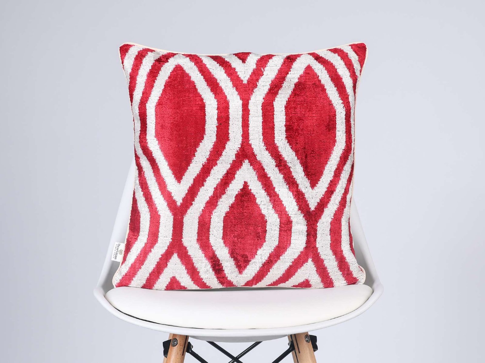 Red White Handwoven Silk Velvet Geometric Ikat Lumbar Pillow Cover