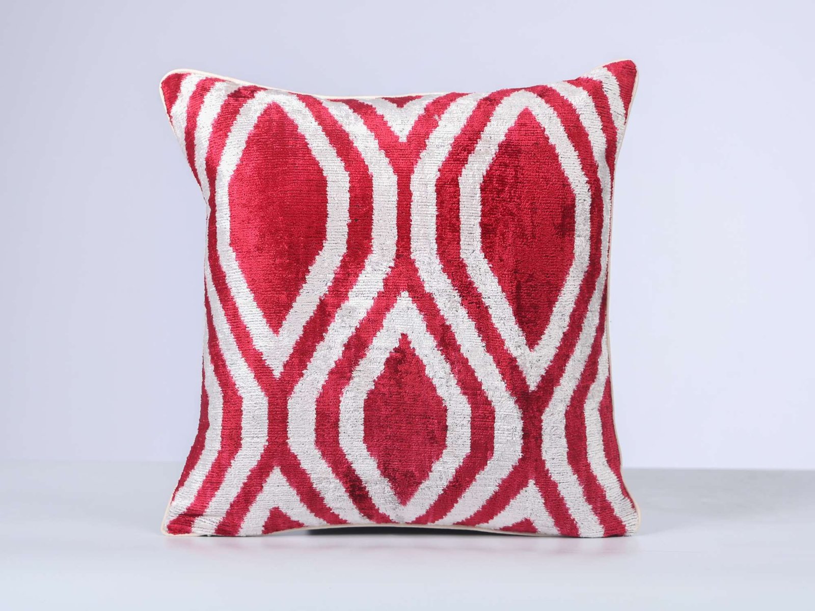 Red White Handwoven Silk Velvet Geometric Ikat Lumbar Pillow Cover