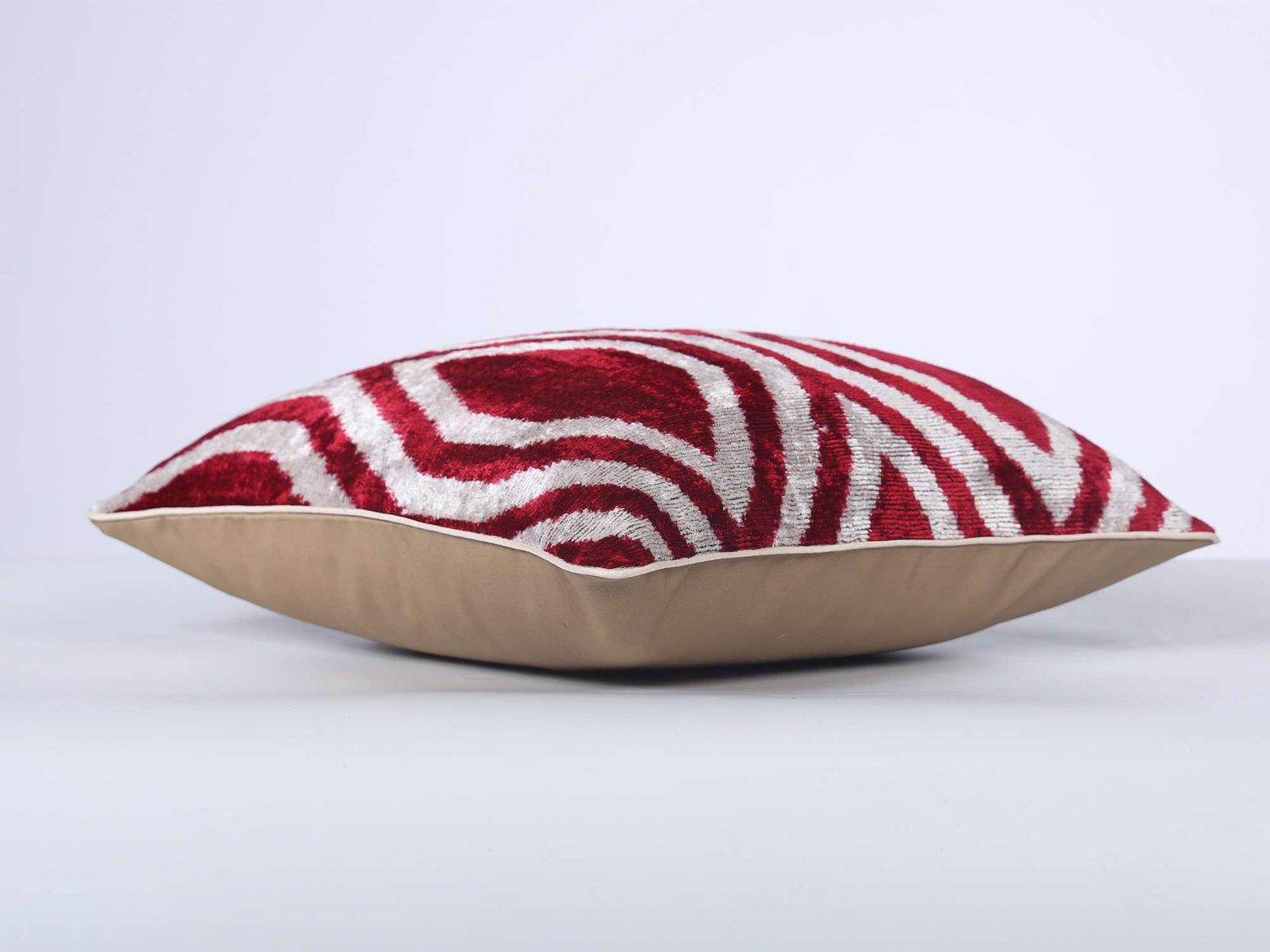 Red White Handwoven Silk Velvet Geometric Ikat Lumbar Pillow Cover