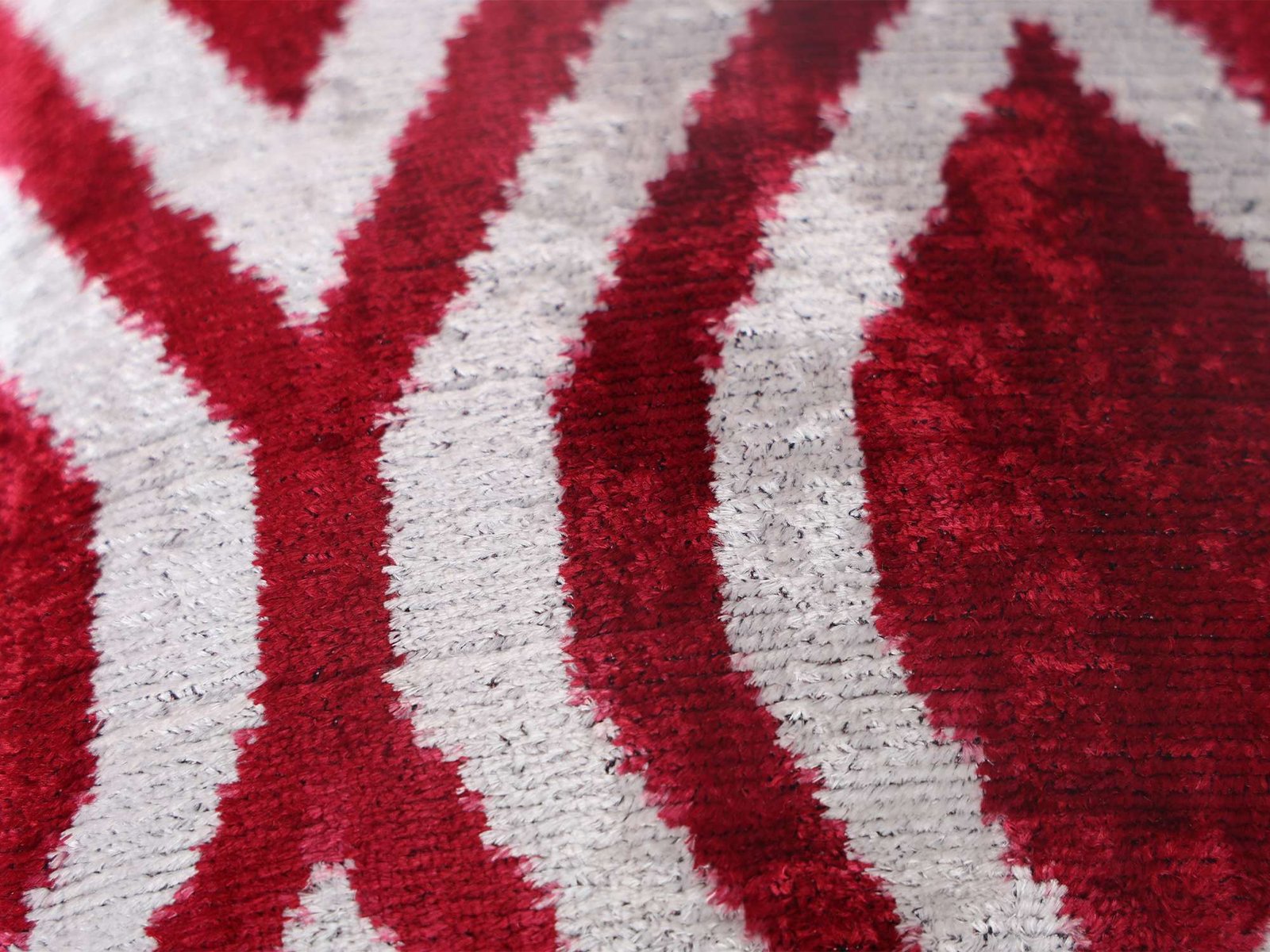 Red White Handwoven Silk Velvet Geometric Ikat Lumbar Pillow Cover