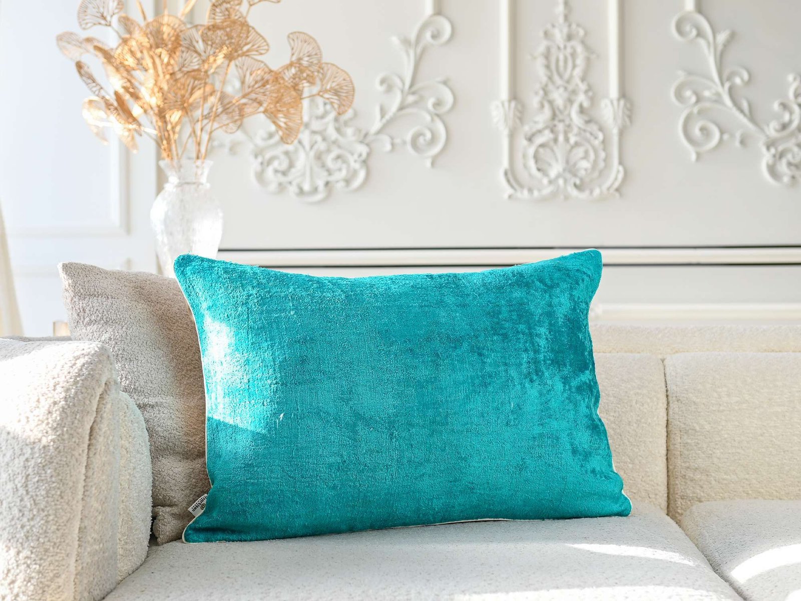 Teal Silk Velvet Handwoven Lumbar Pillow Cover