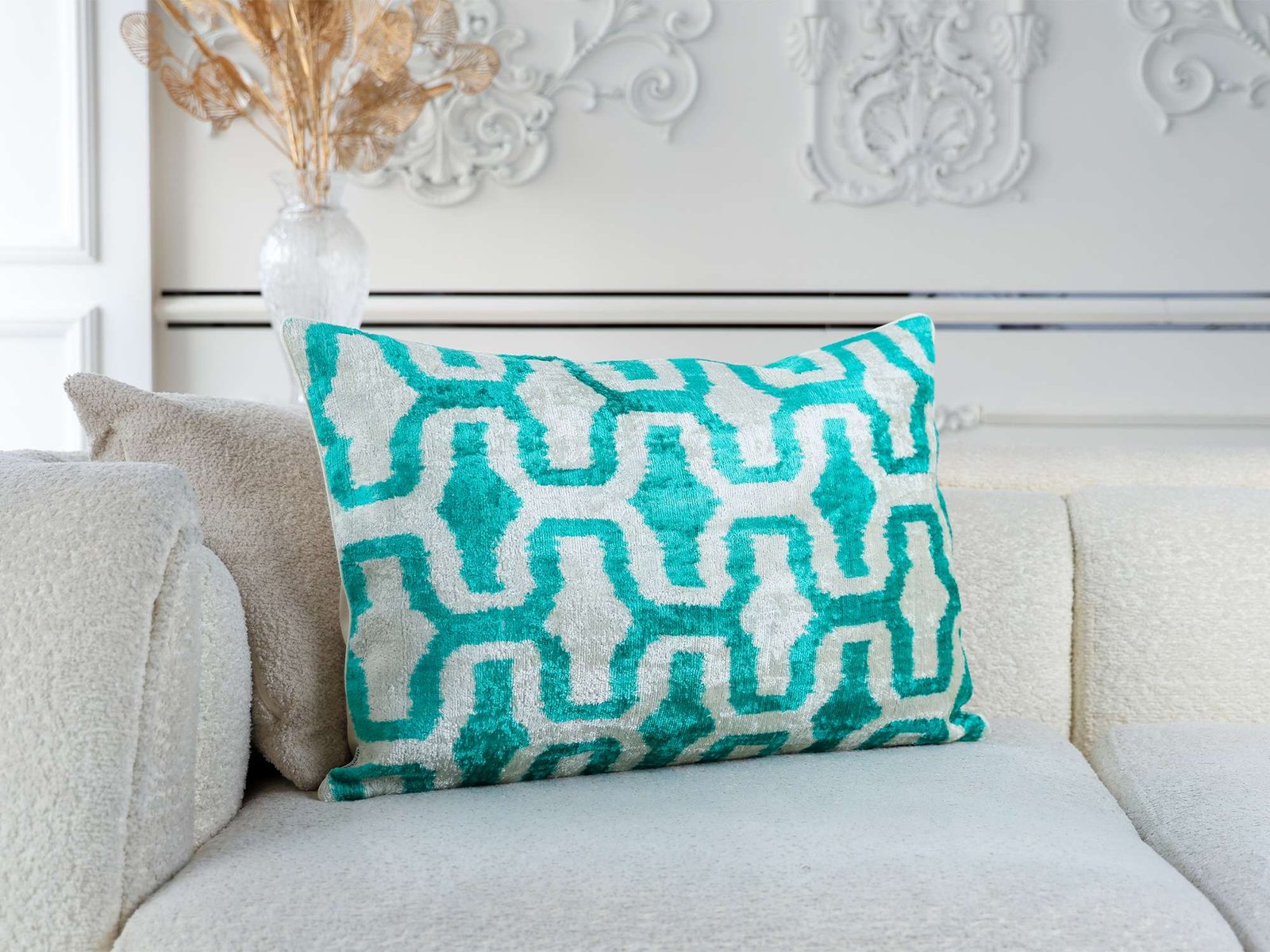 Teal Silk Velvet Geometric Ikat Pillow Cover - Image 8