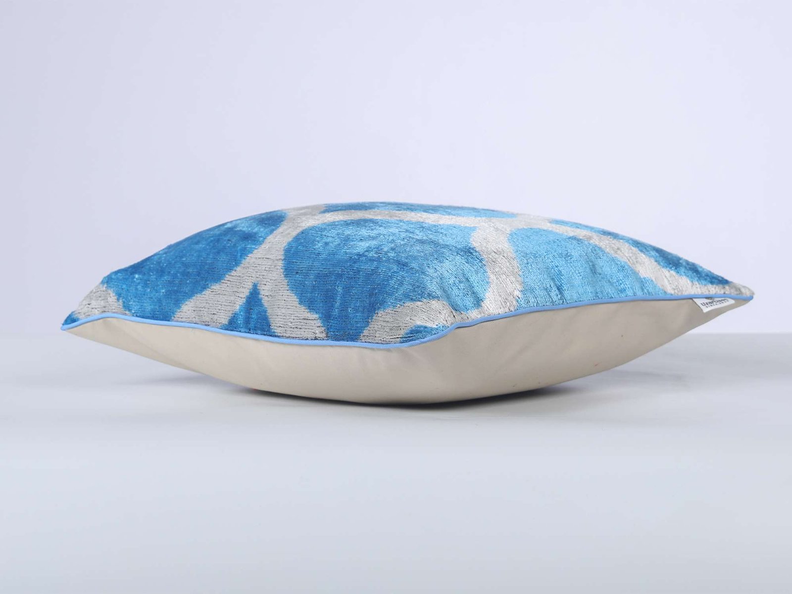 Blue Silver Handwoven Silk Velvet Ikat Lumbar Pillow Cover