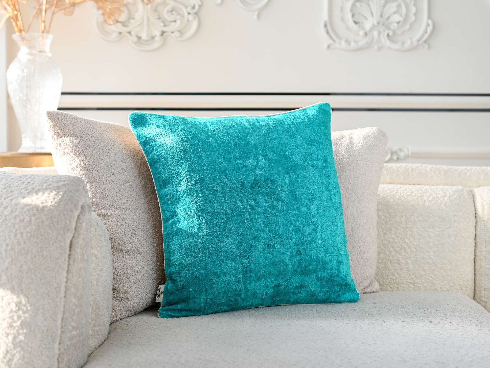 Teal Silk Velvet Handwoven Lumbar Pillow Cover