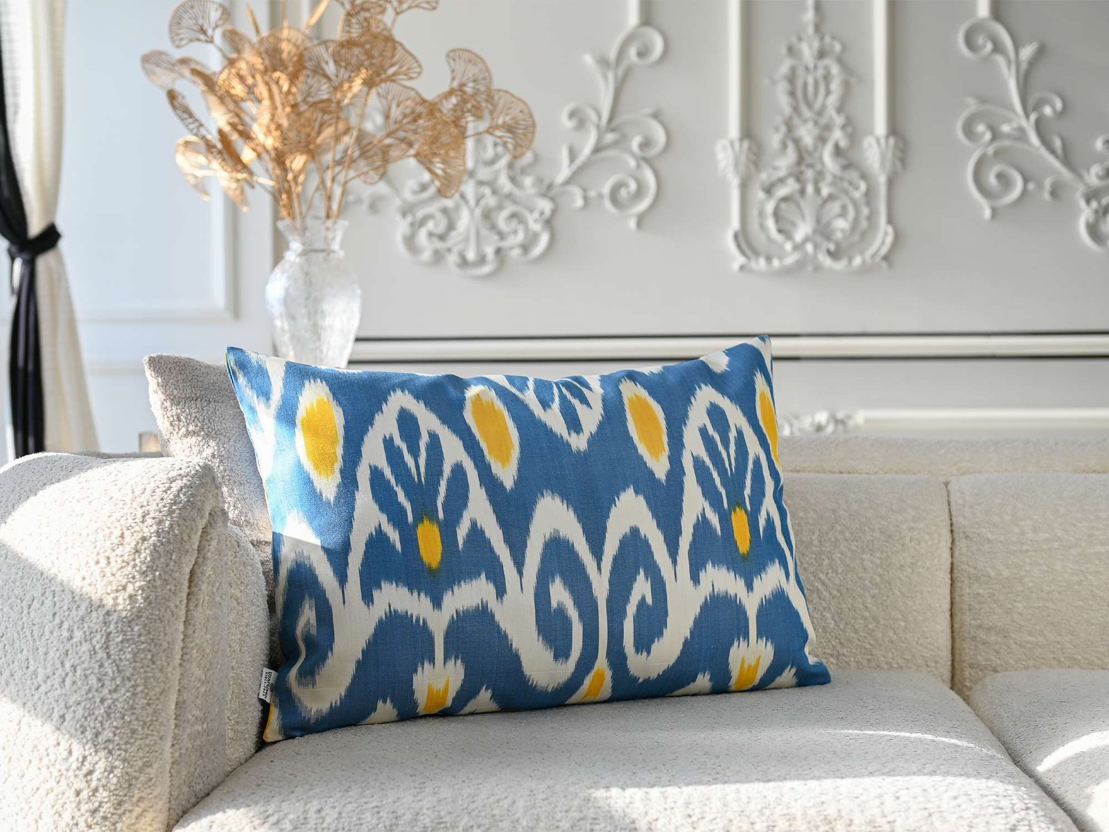 Blue Yellow Ikat Pillow Cover – Handmade Cushion - Image 3