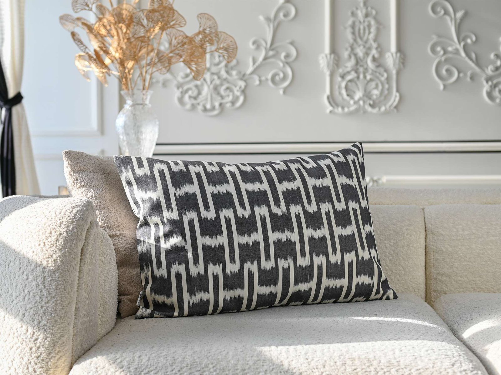 Black Ikat Pillow Cover – White Geometric Pattern - Image 3
