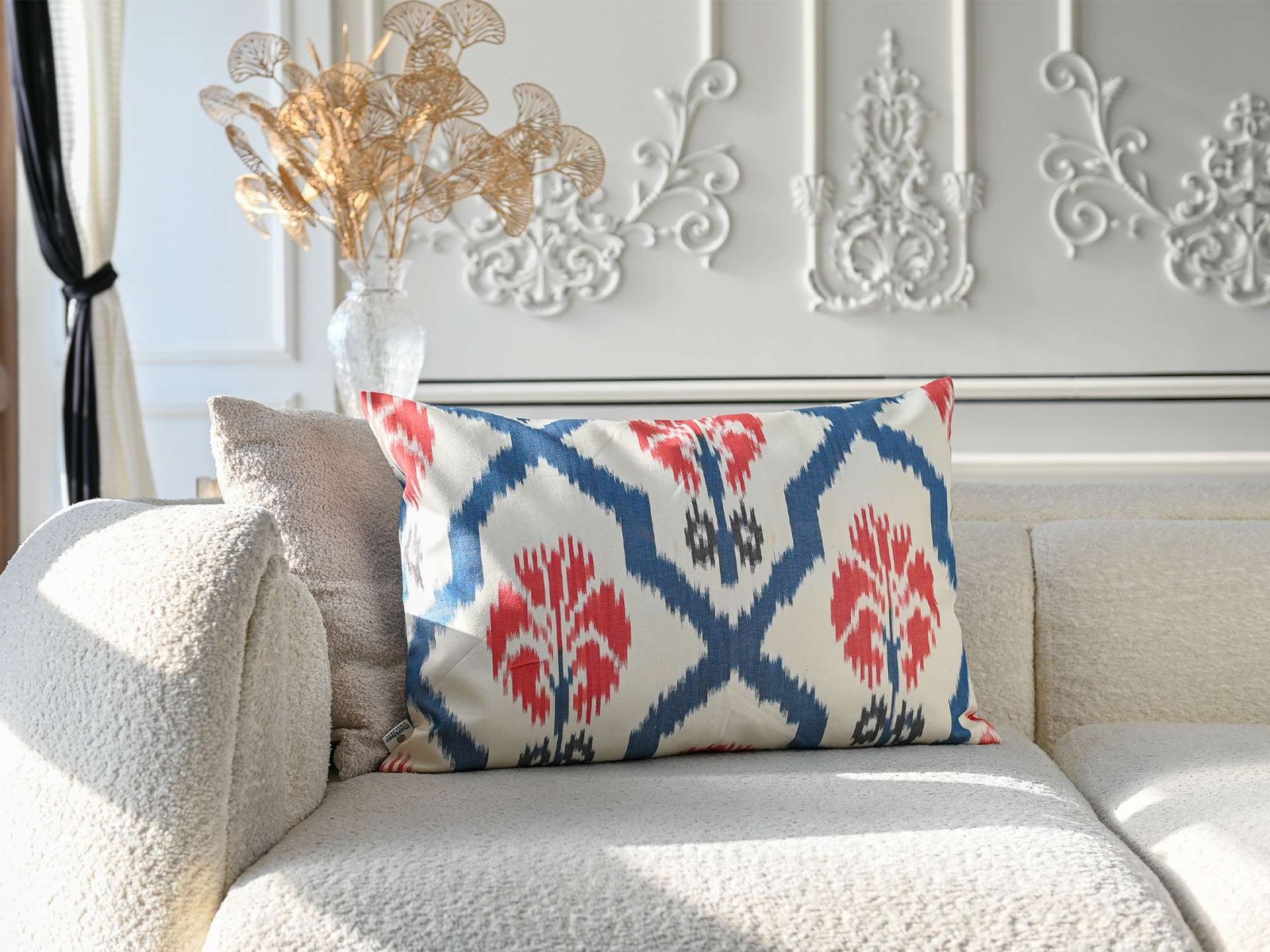 Blue Red Ikat Cushion Cover – Modern Handmade Pillow - Image 3