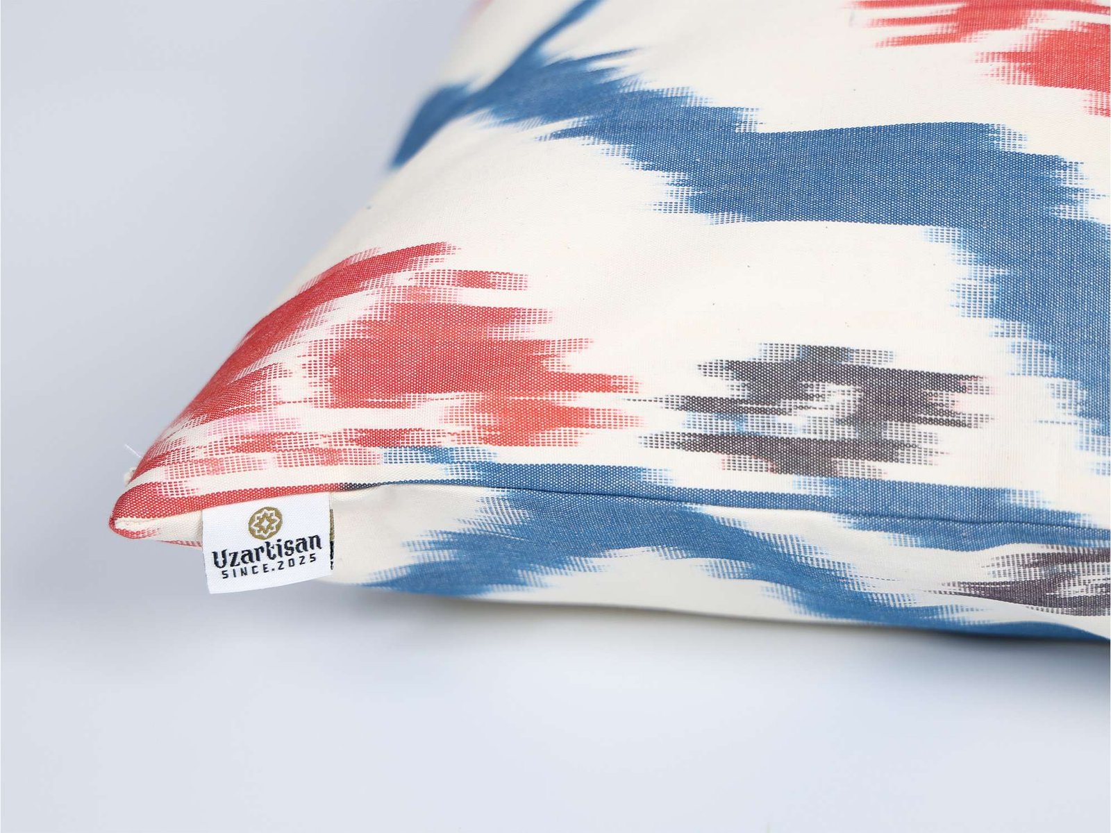 Blue Red Ikat Cushion Cover – Modern Handmade Pillow - Image 7