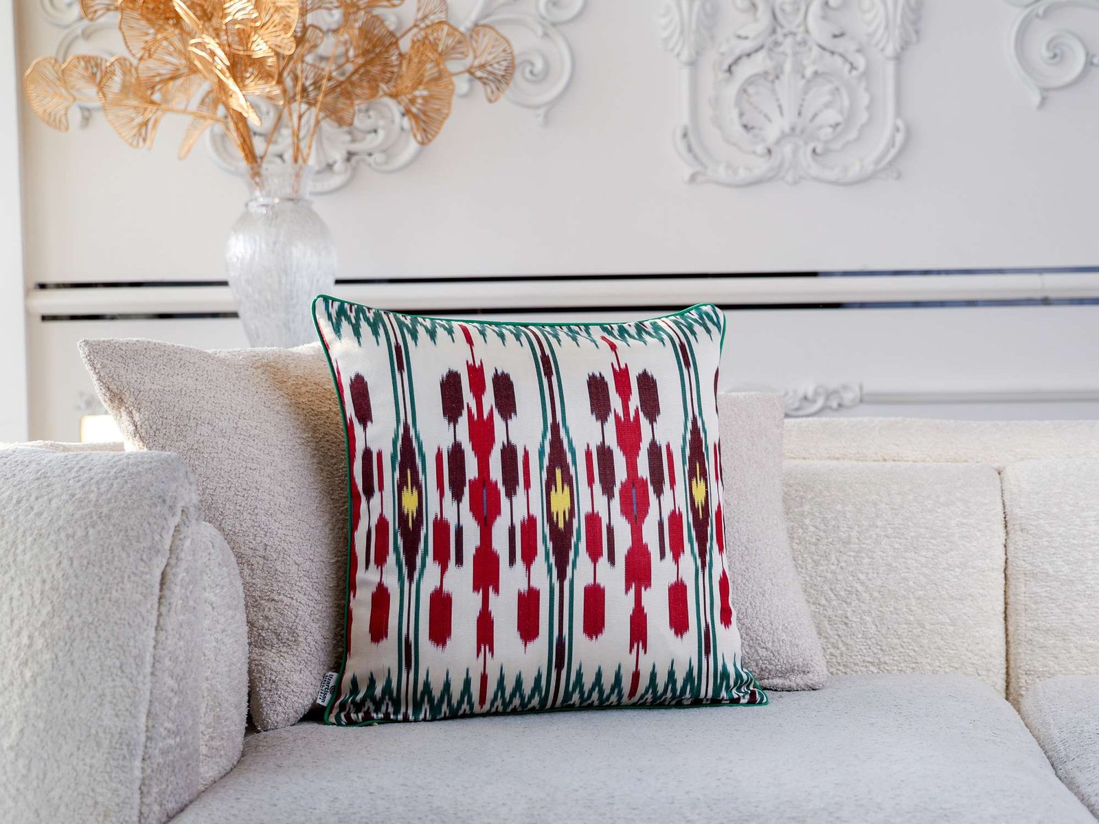 Burgundy Red Green Handwoven Silk Ikat Cushion Cover - Image 3
