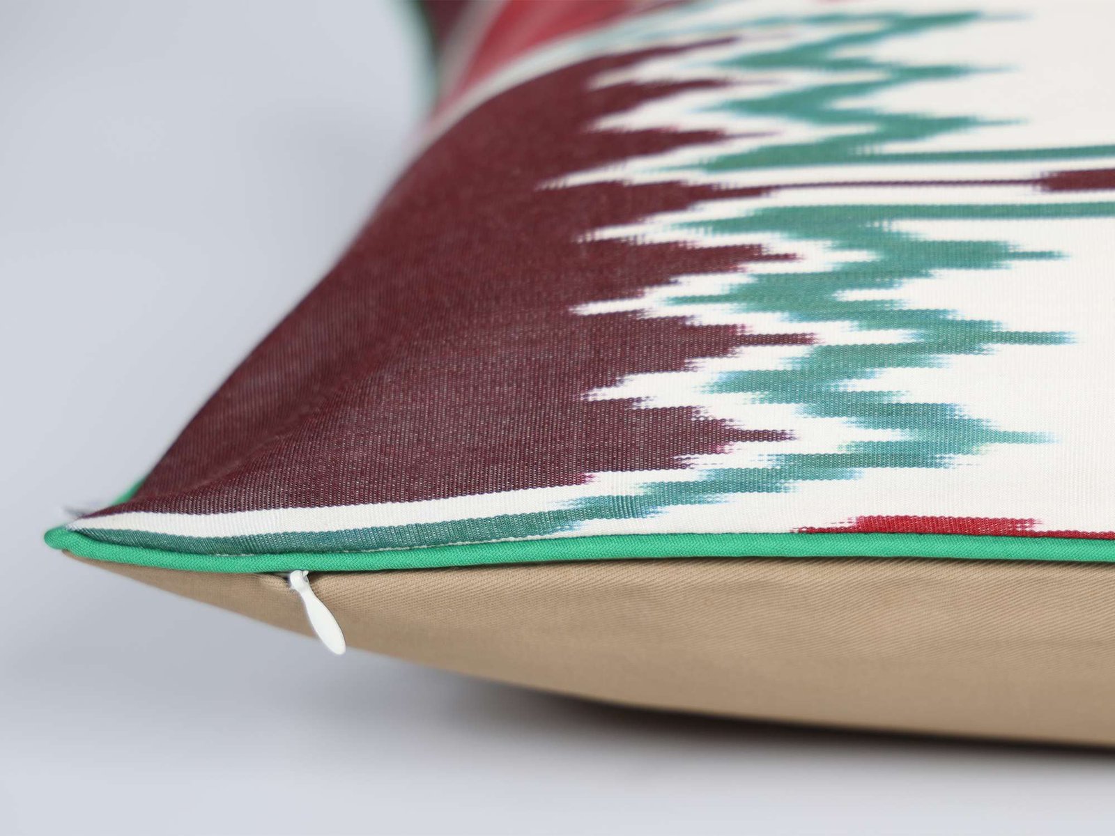 Burgundy Red Green Handwoven Silk Ikat Cushion Cover - Image 4