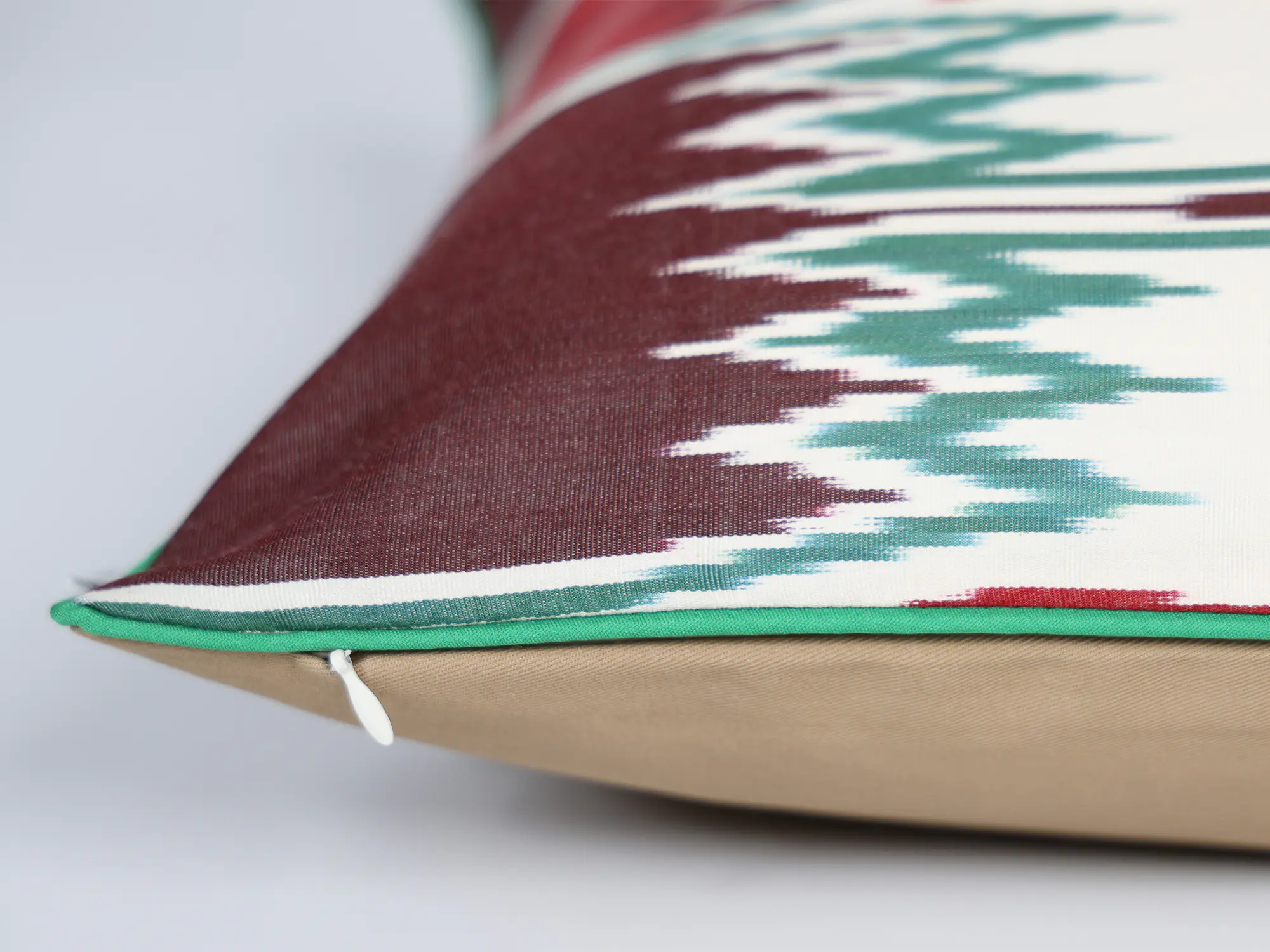 Burgundy Red Green Handwoven Silk Ikat Cushion Cover - Image 4