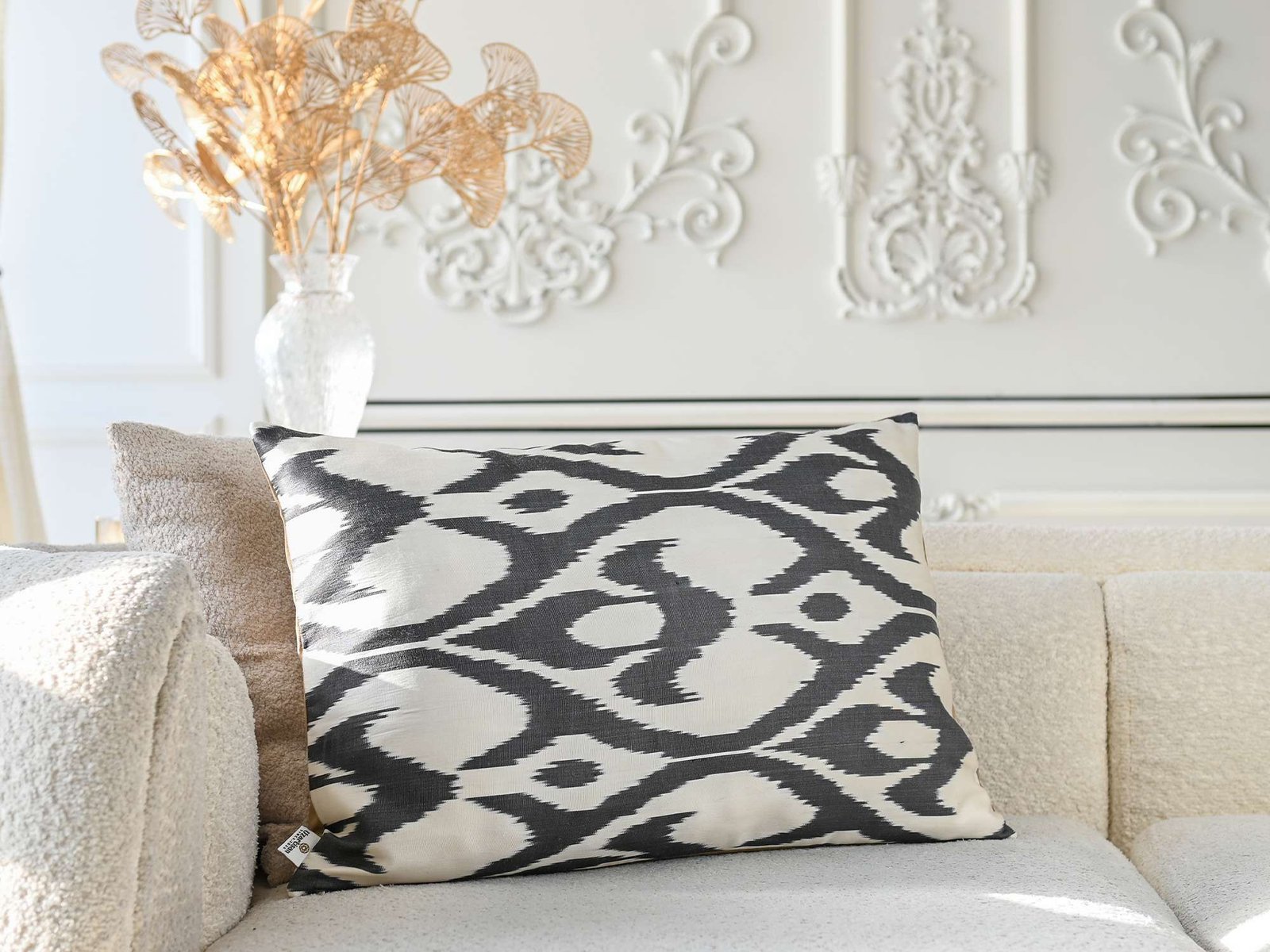 Black White Handwoven Silk Ikat Cushion Cover - Image 2