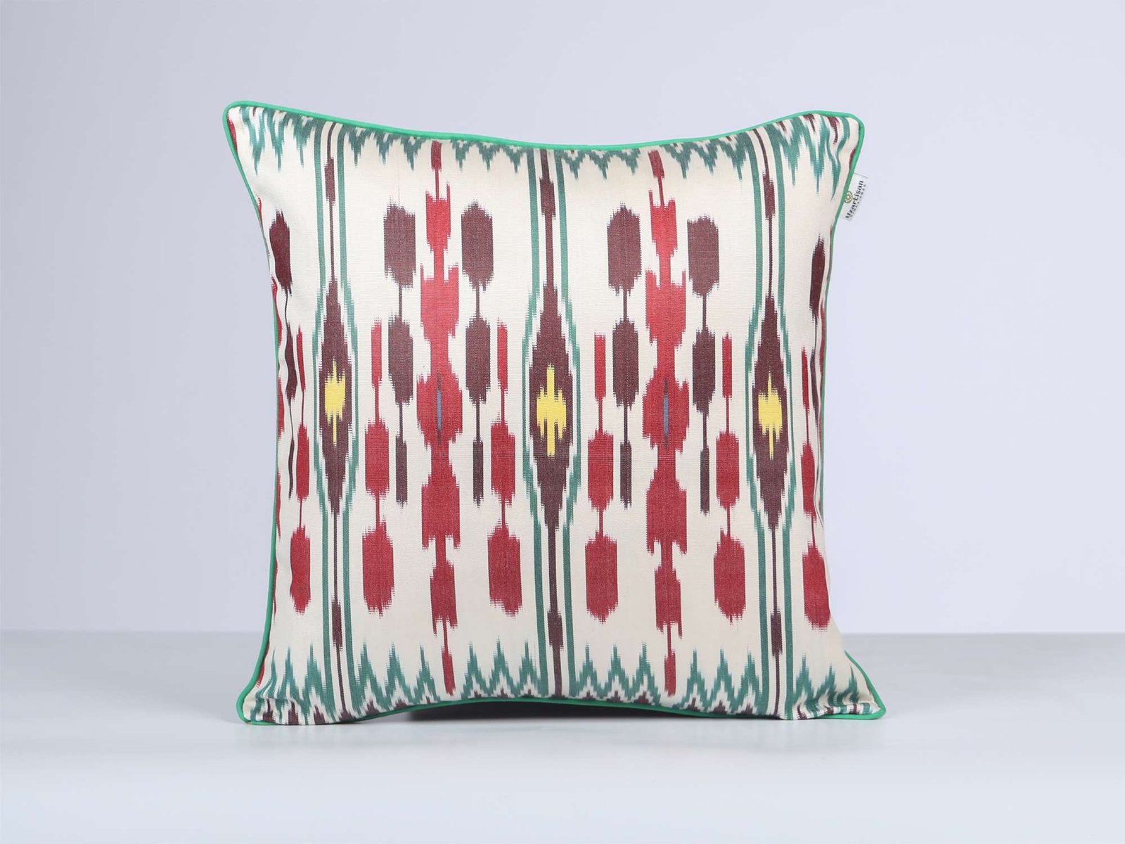 Burgundy Red Green Handwoven Silk Ikat Cushion Cover - Image 6