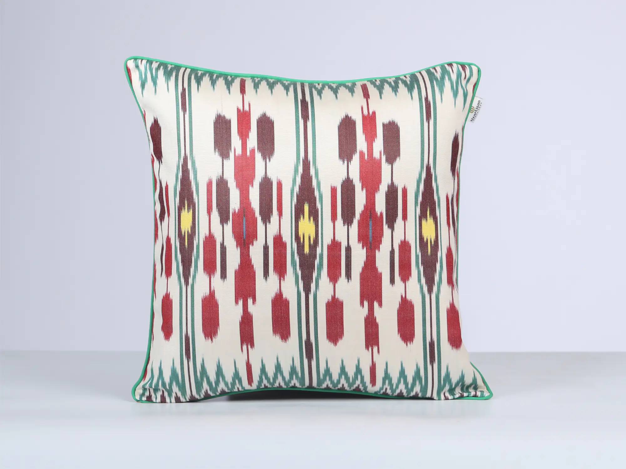 Burgundy Red Green Handwoven Silk Ikat Cushion Cover - Image 6