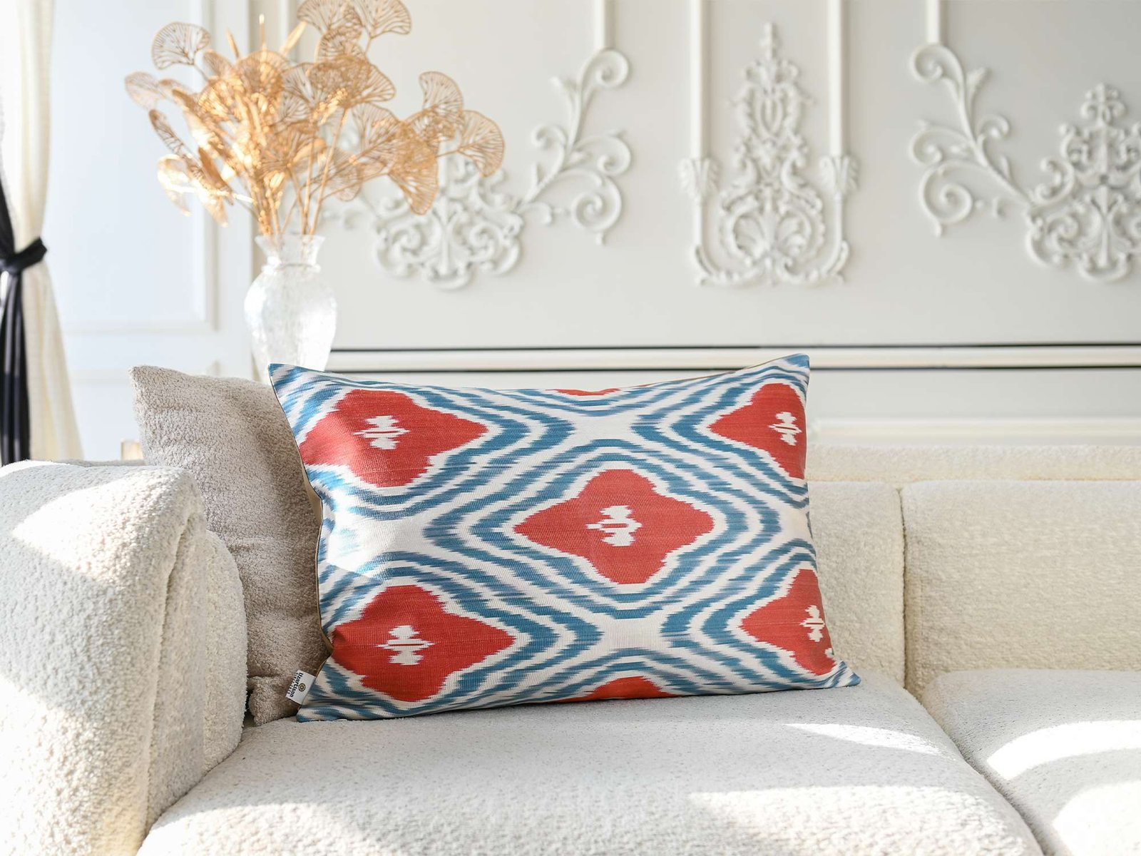 Coral Red Turquoise Handwoven Silk Ikat Cushion Cover - Image 3