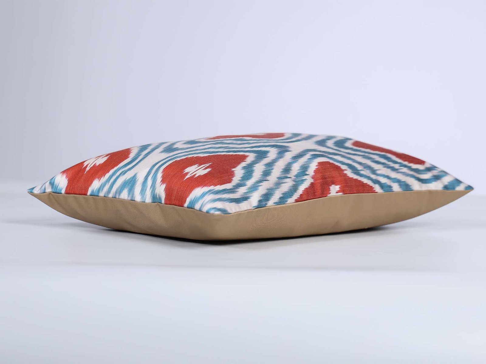 Coral Red Turquoise Handwoven Silk Ikat Cushion Cover - Image 4