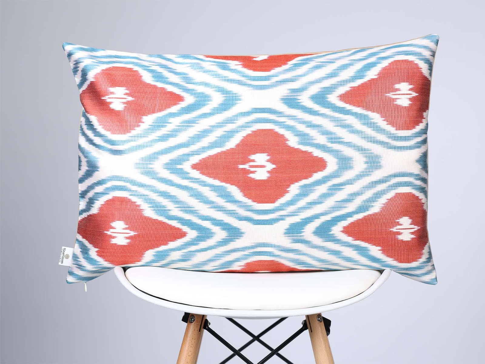 Coral Red Turquoise Handwoven Silk Ikat Cushion Cover