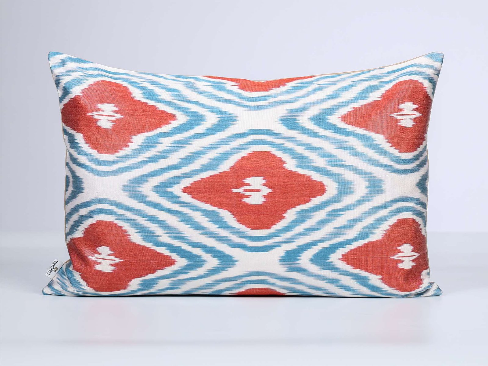 Coral Red Turquoise Handwoven Silk Ikat Cushion Cover - Image 2