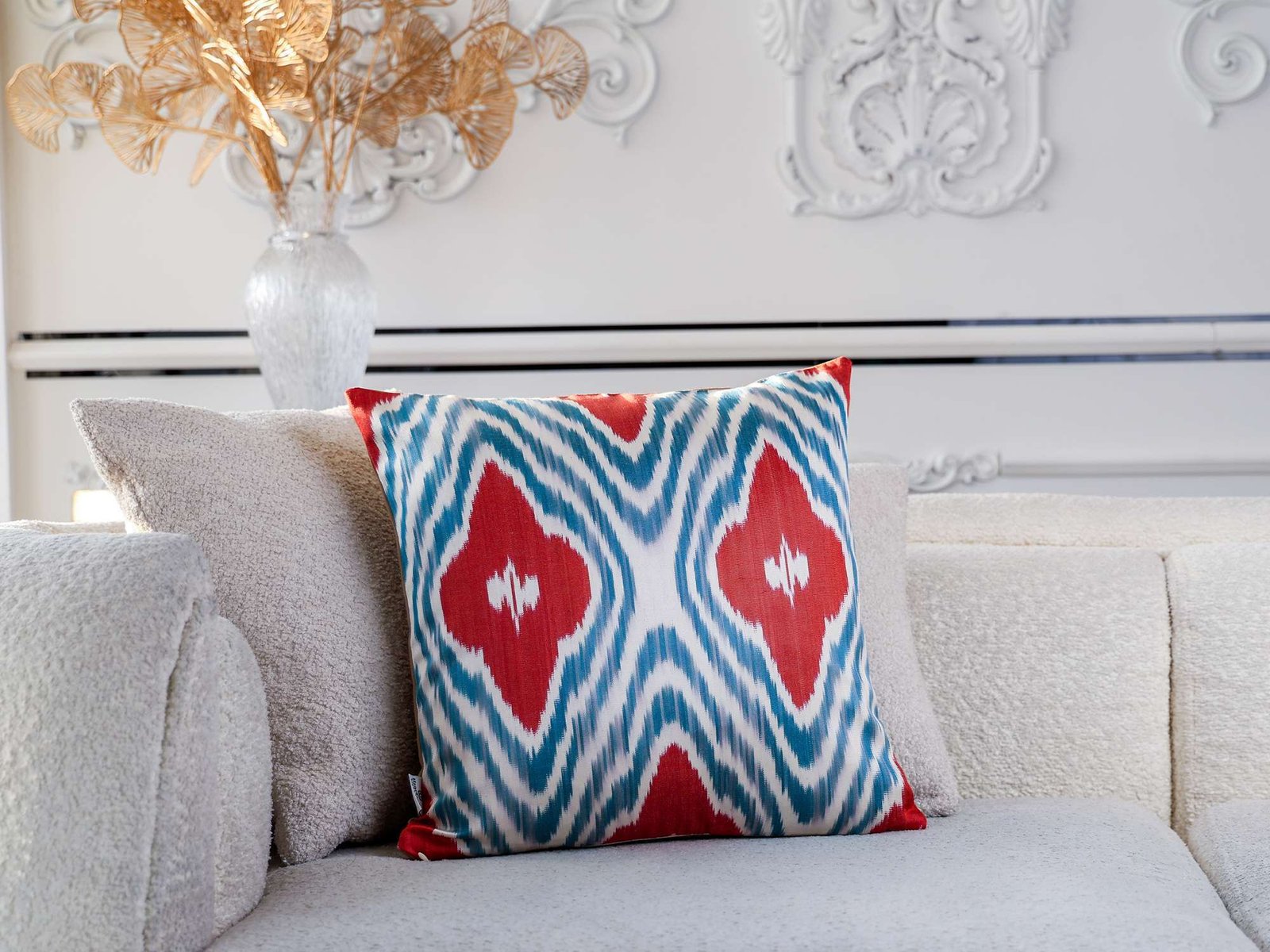 Coral Red Turquoise Handwoven Silk Ikat Cushion Cover - Image 6