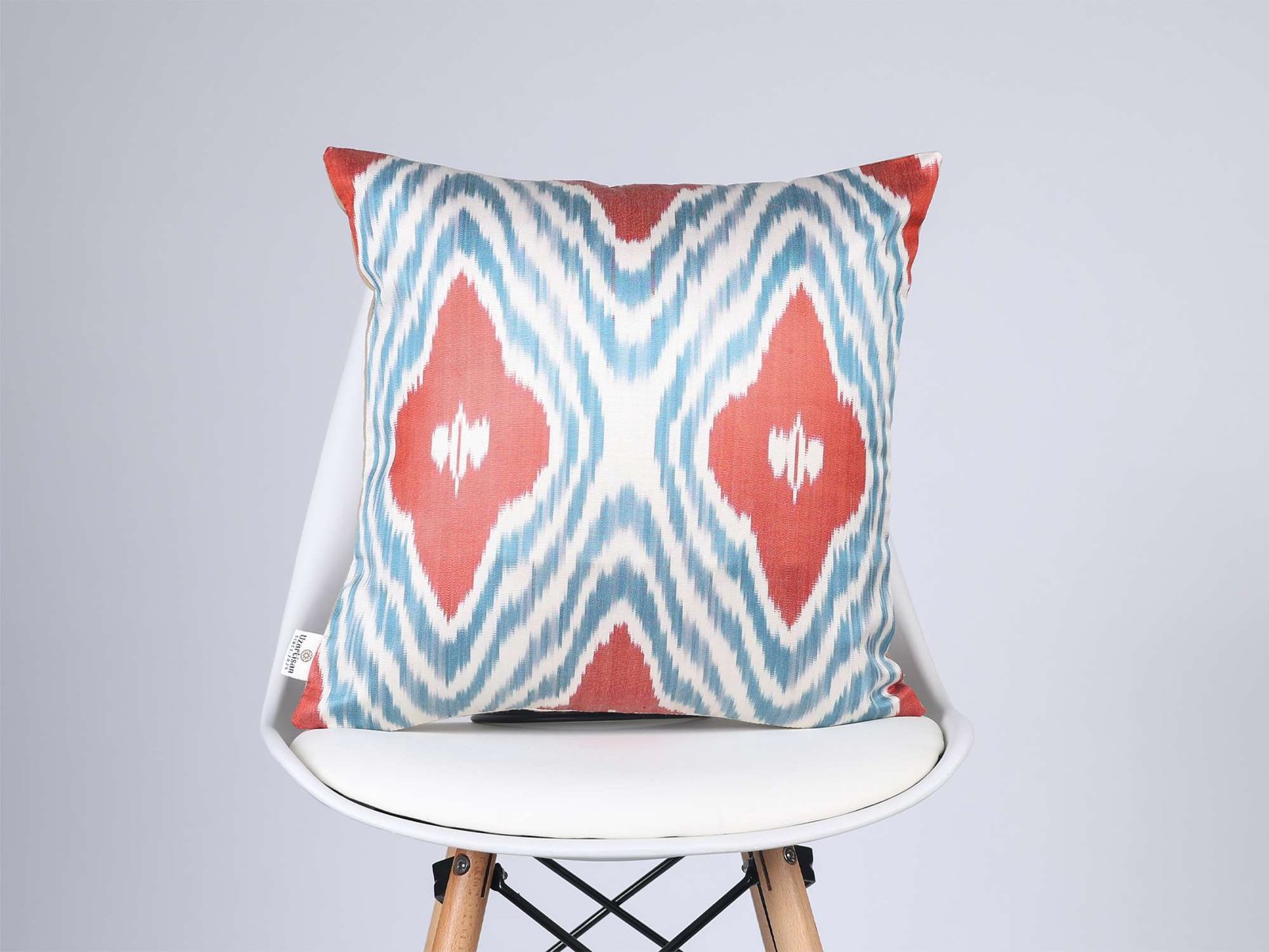 Coral Red Turquoise Handwoven Silk Ikat Cushion Cover - Image 7
