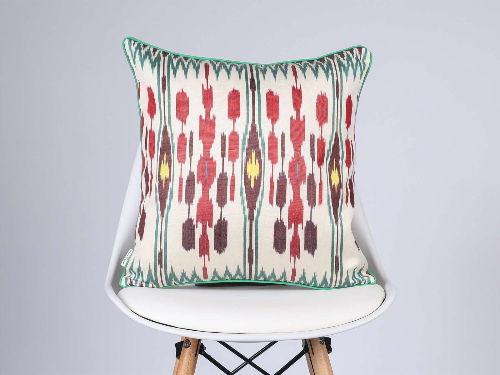 Burgundy Red Green Handwoven Silk Ikat Cushion Cover - Image 7