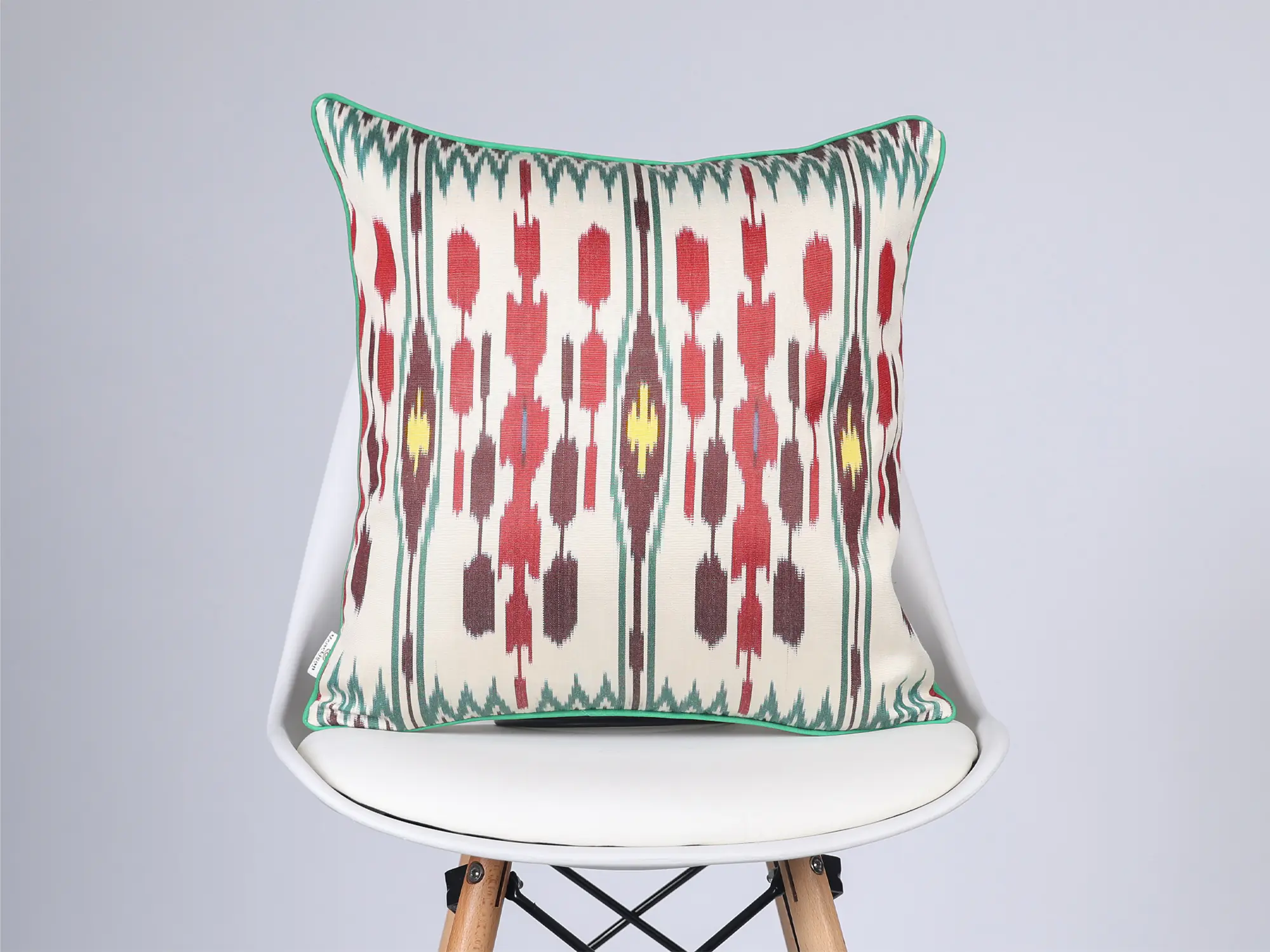 Burgundy Red Green Handwoven Silk Ikat Cushion Cover - Image 7