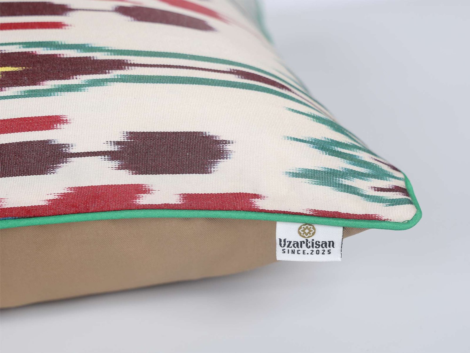 Burgundy Red Green Handwoven Silk Ikat Cushion Cover - Image 9