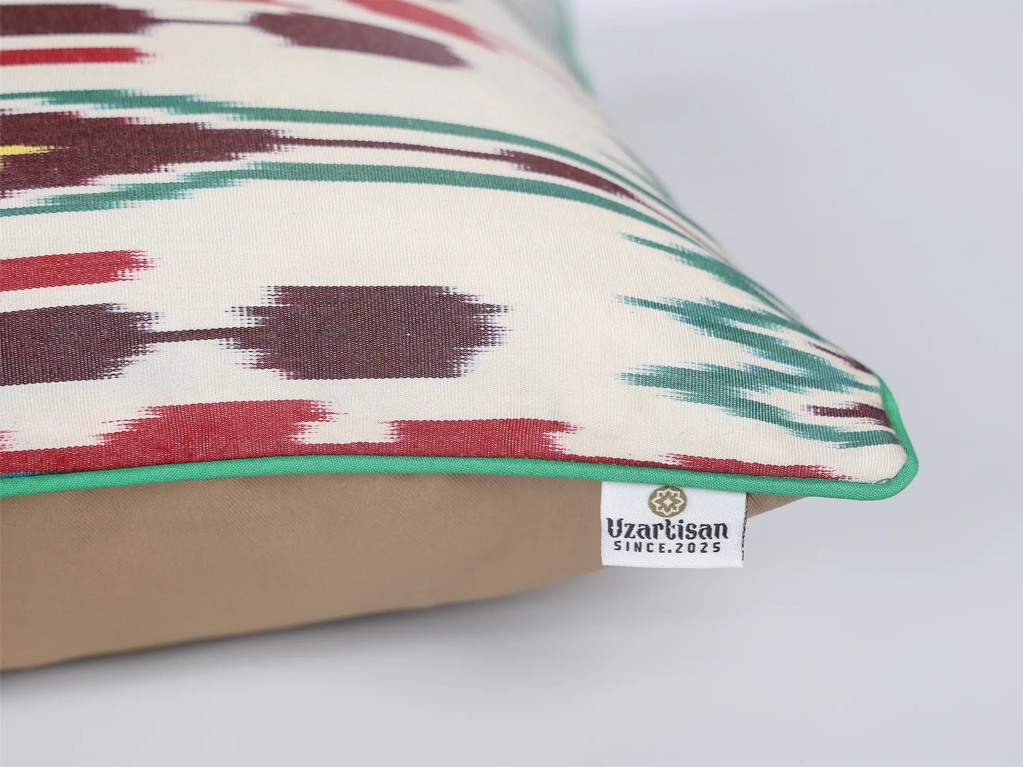 Burgundy Red Green Handwoven Silk Ikat Cushion Cover - Image 9