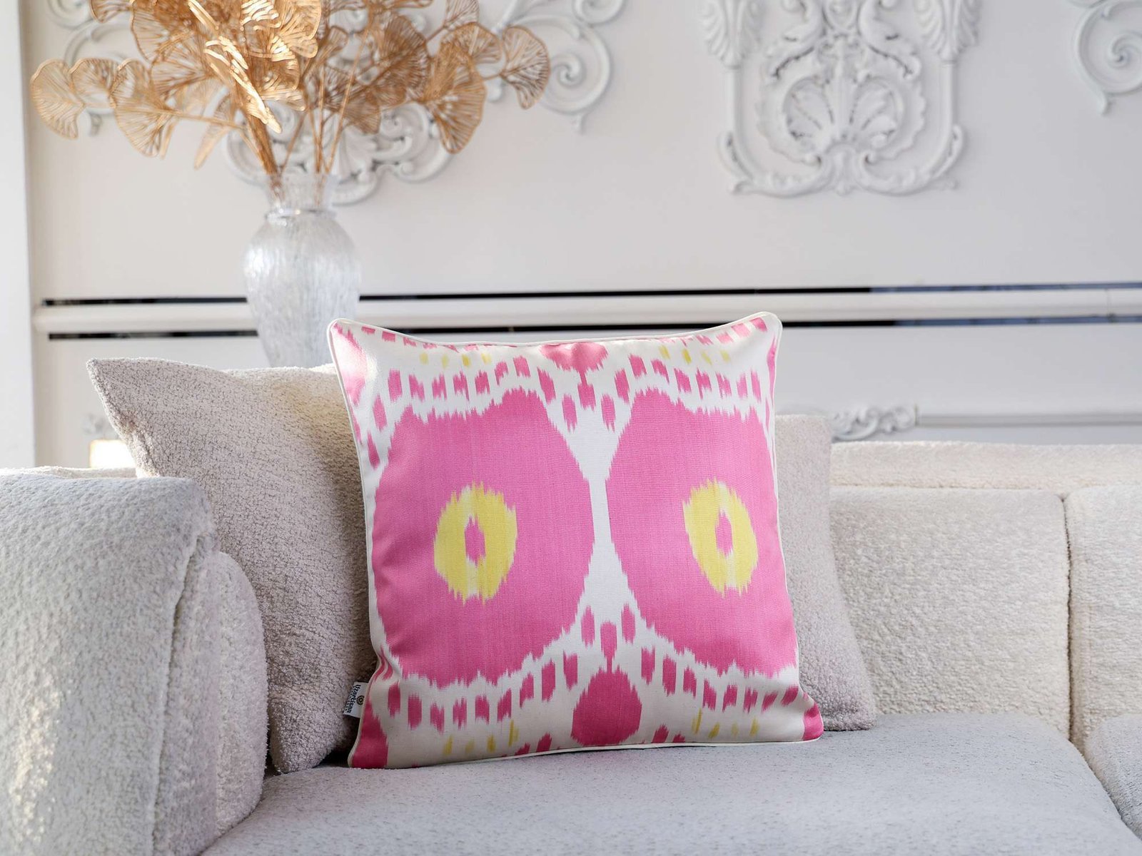 Pink Yellow Handwoven Silk Ikat Cushion Cover - Image 4