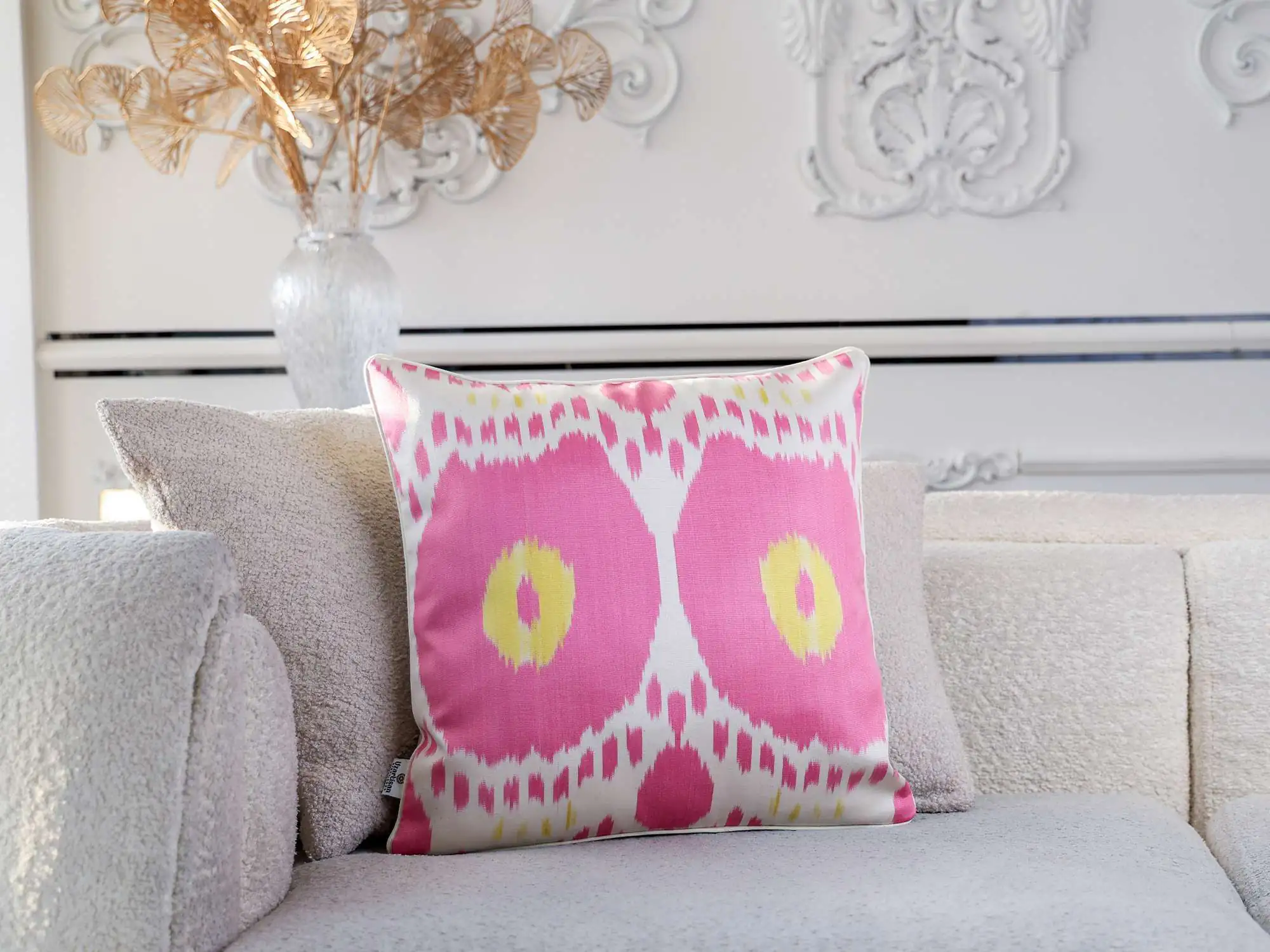 Pink Yellow Handwoven Silk Ikat Cushion Cover - Image 4