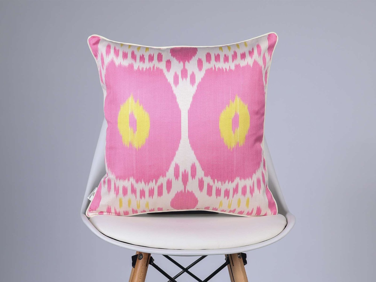 Pink Yellow Handwoven Silk Ikat Cushion Cover - Image 5