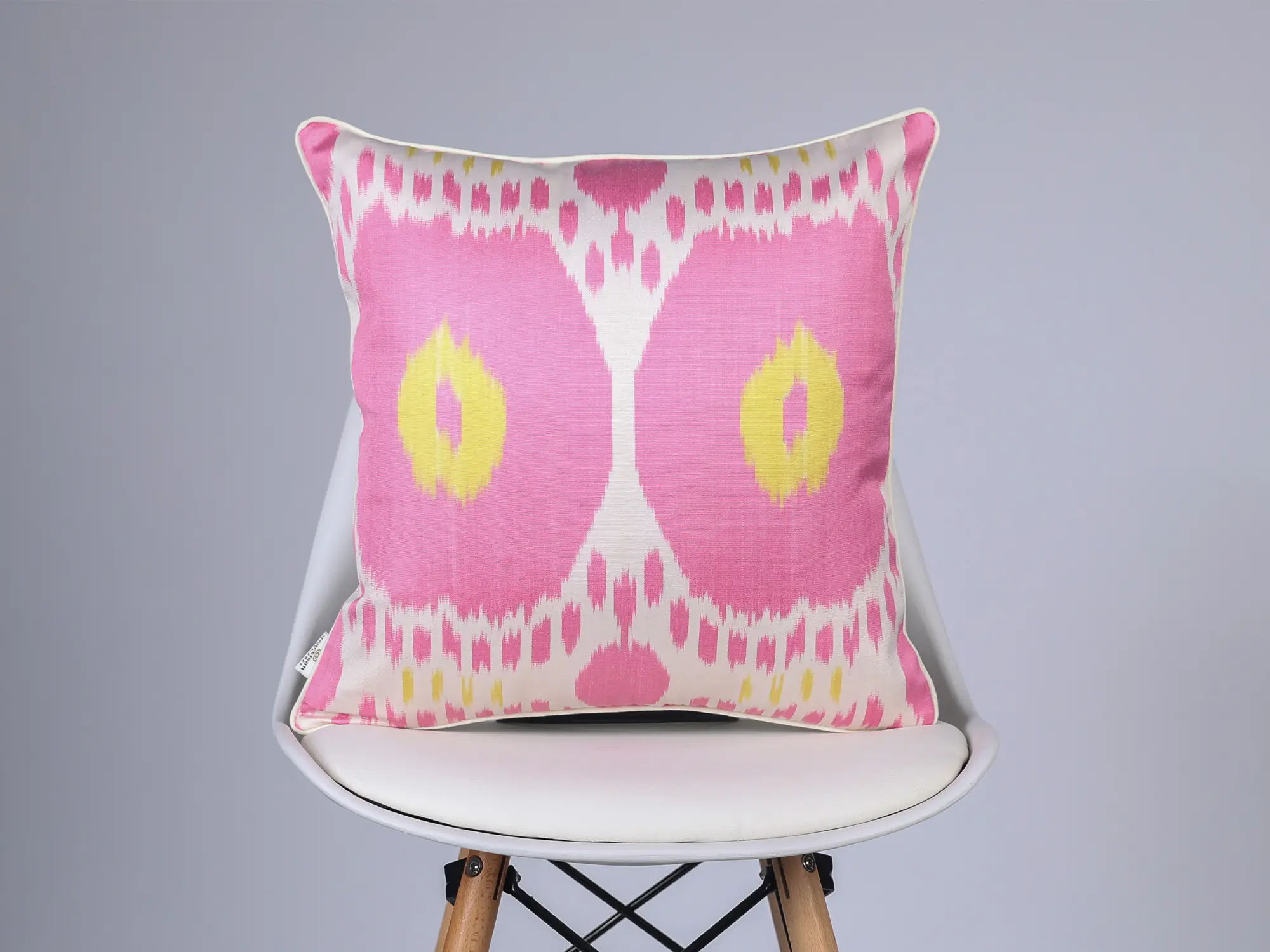 Pink Yellow Handwoven Silk Ikat Cushion Cover - Image 5
