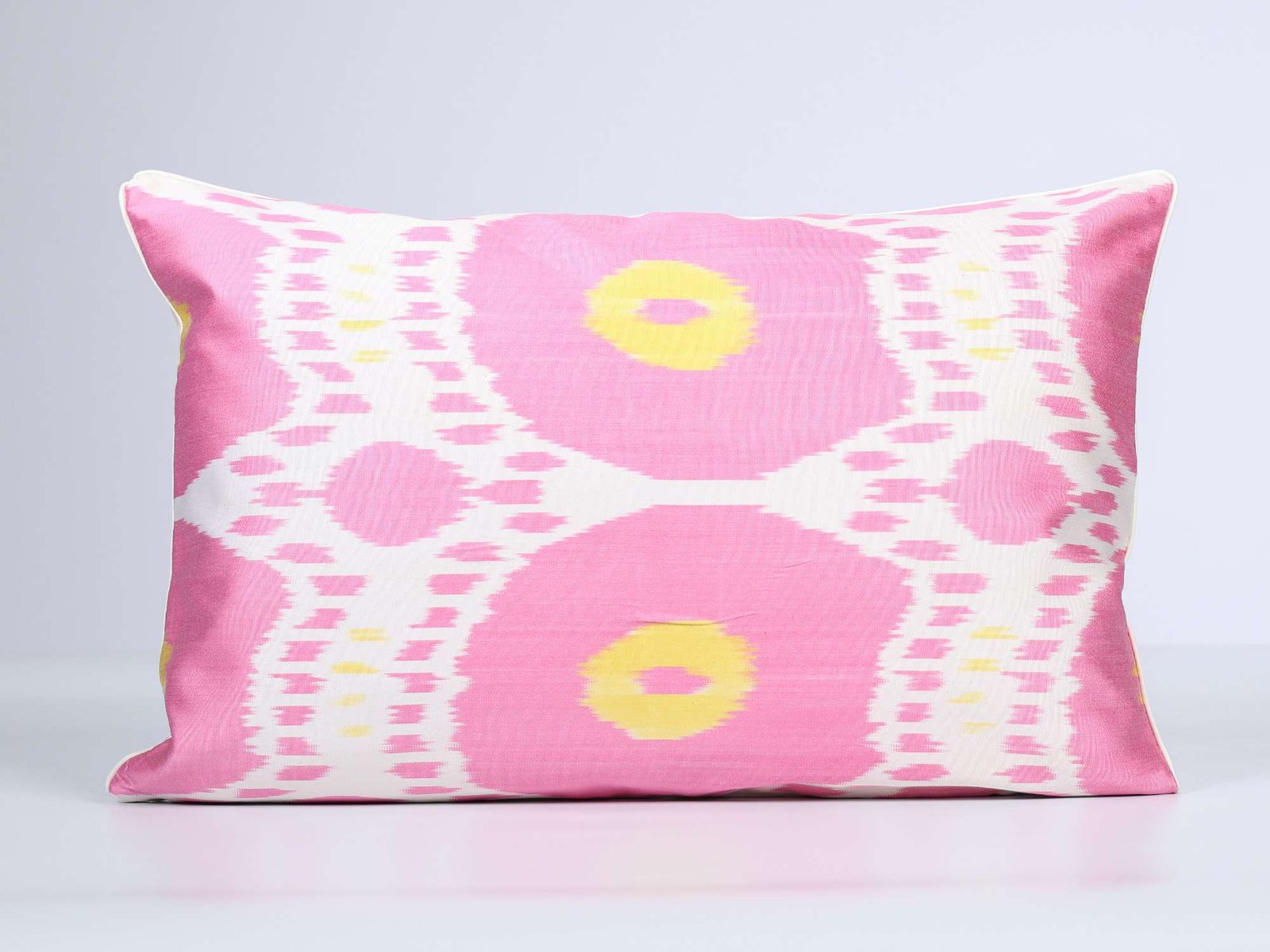 Pink Yellow Handwoven Silk Ikat Cushion Cover - Image 2