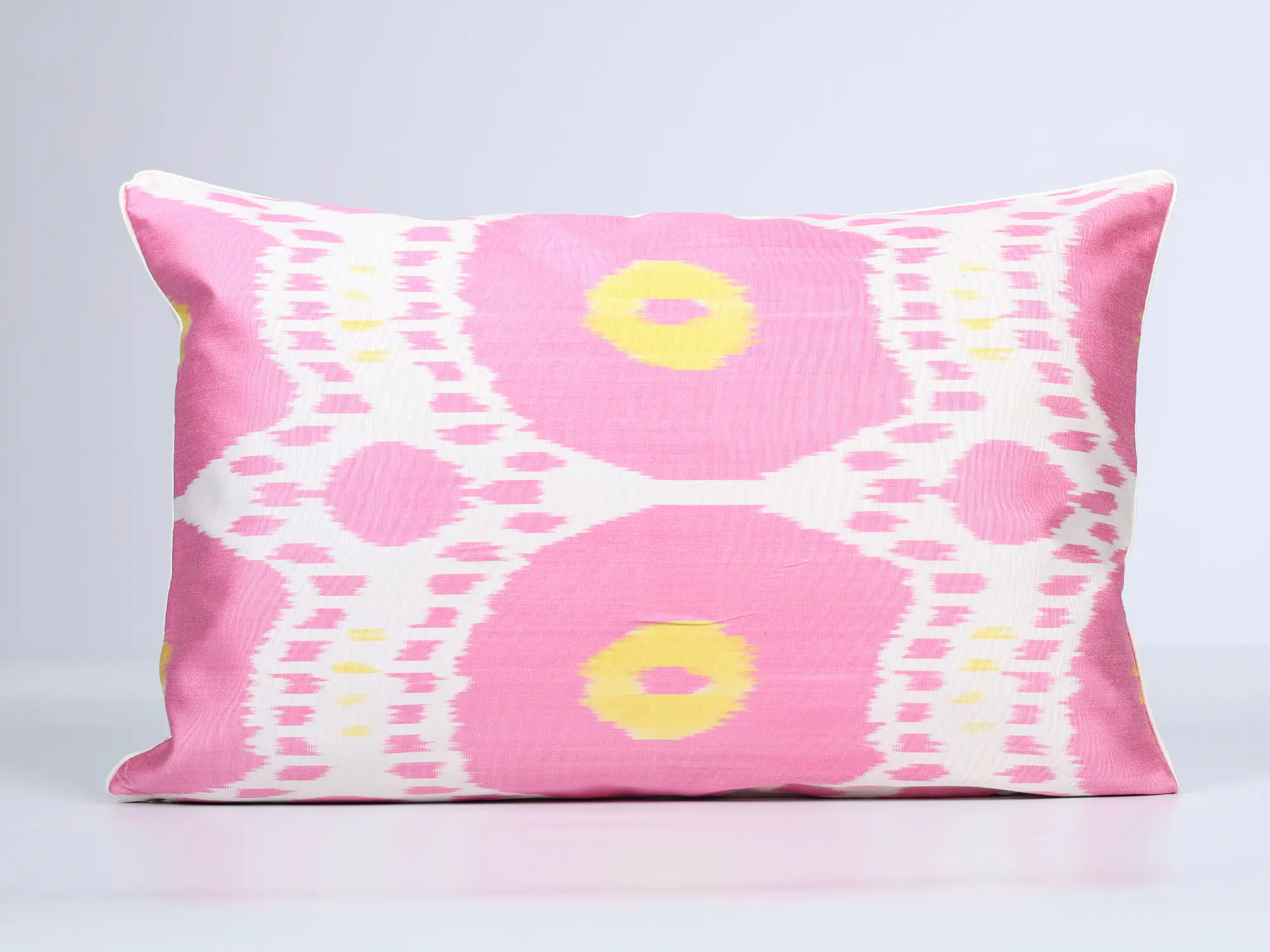 Pink Yellow Handwoven Silk Ikat Cushion Cover - Image 2