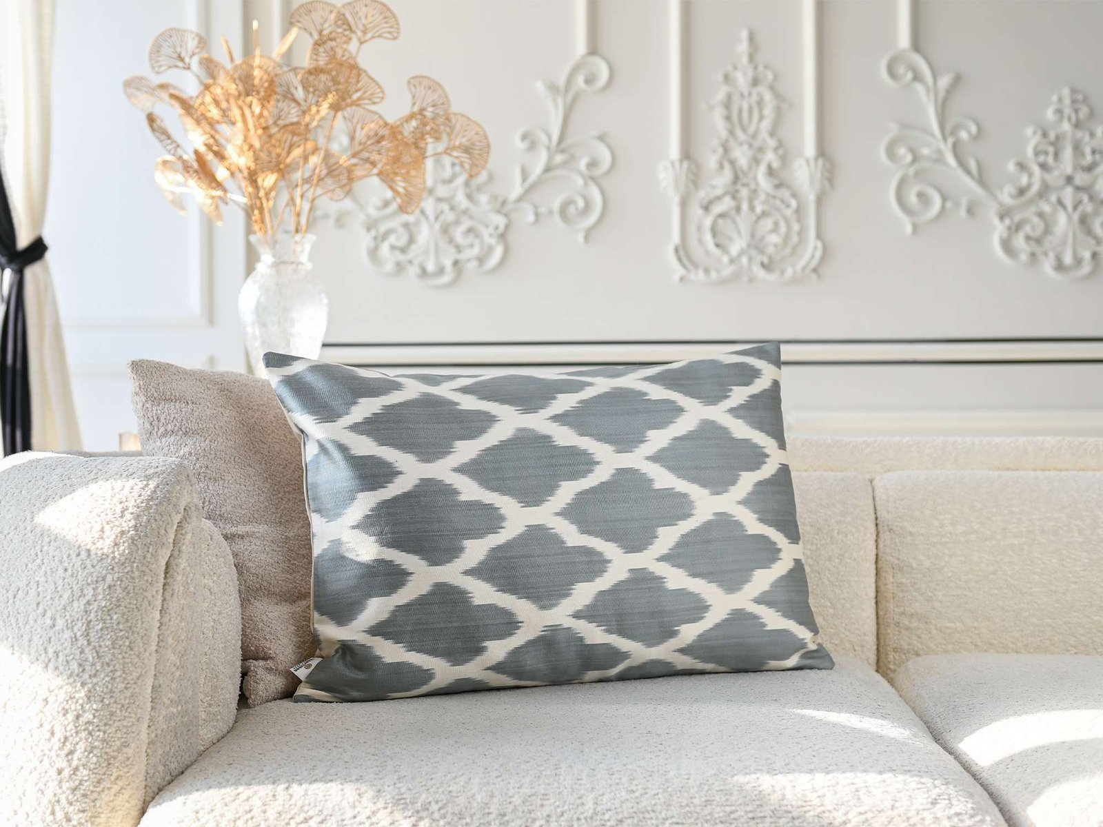 Soft Grey Handwoven Silk Ikat Cushion Cover - Image 3