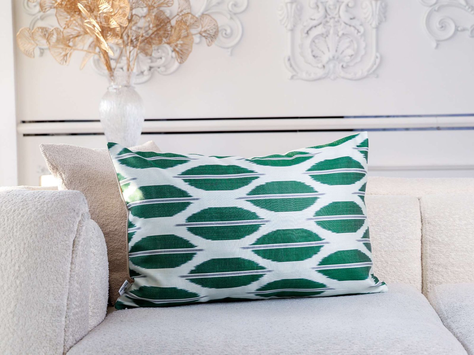 Emerald Green White Handwoven Silk Ikat Cushion Cover - Image 3