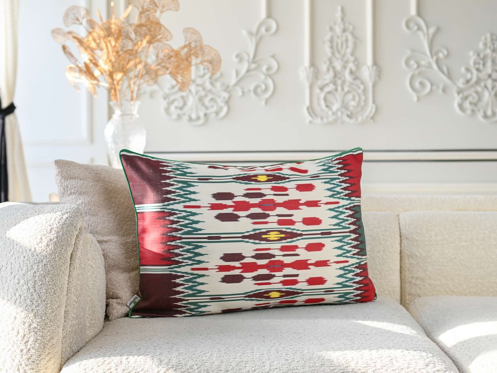 Burgundy Red Green Handwoven Silk Ikat Cushion Cover - Image 11