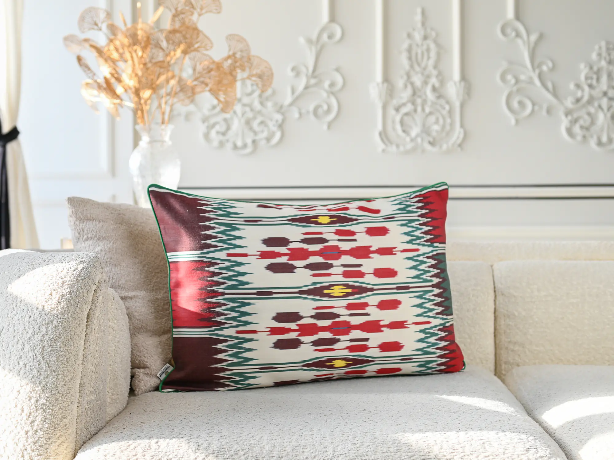 Burgundy Red Green Handwoven Silk Ikat Cushion Cover - Image 11