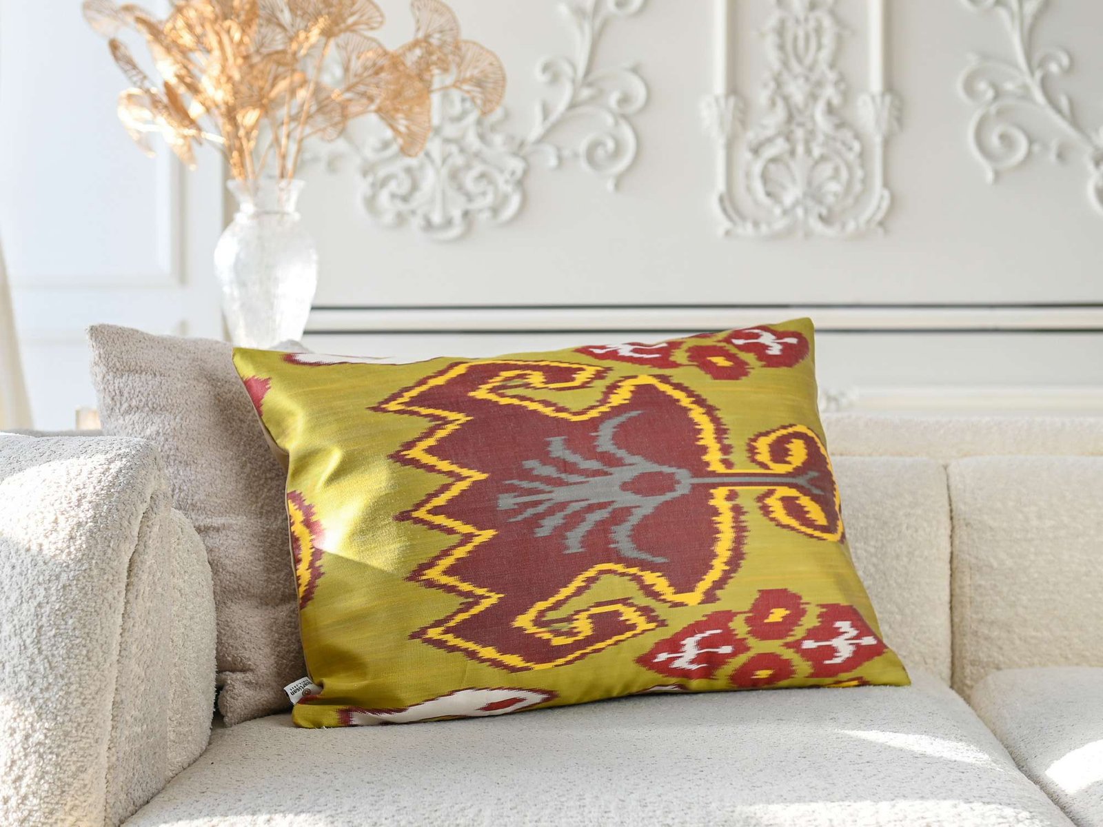 Olive Green Burgundy Handwoven Silk Ikat Cushion Cover - Image 3