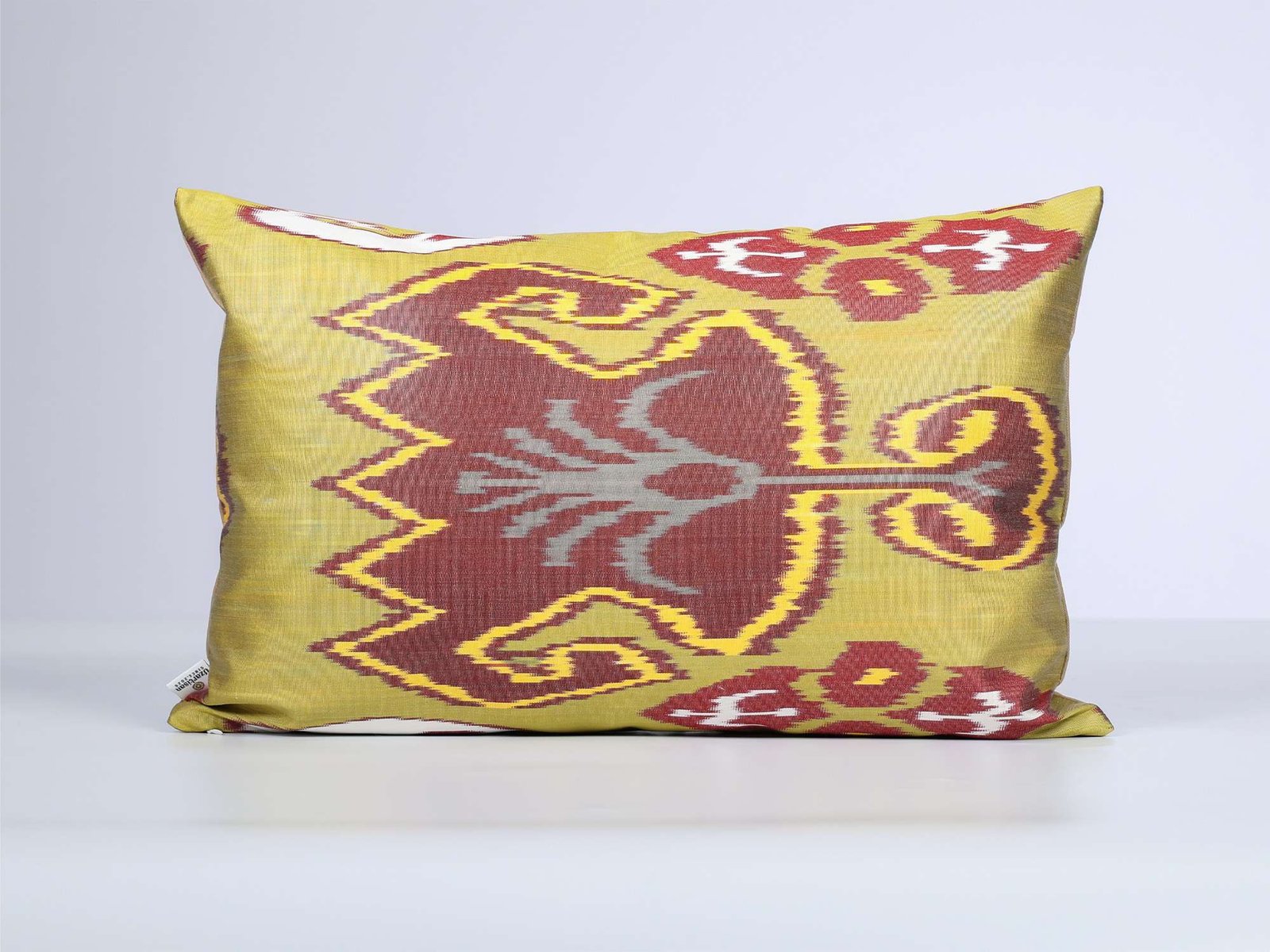 Olive Green Burgundy Handwoven Silk Ikat Cushion Cover - Image 2