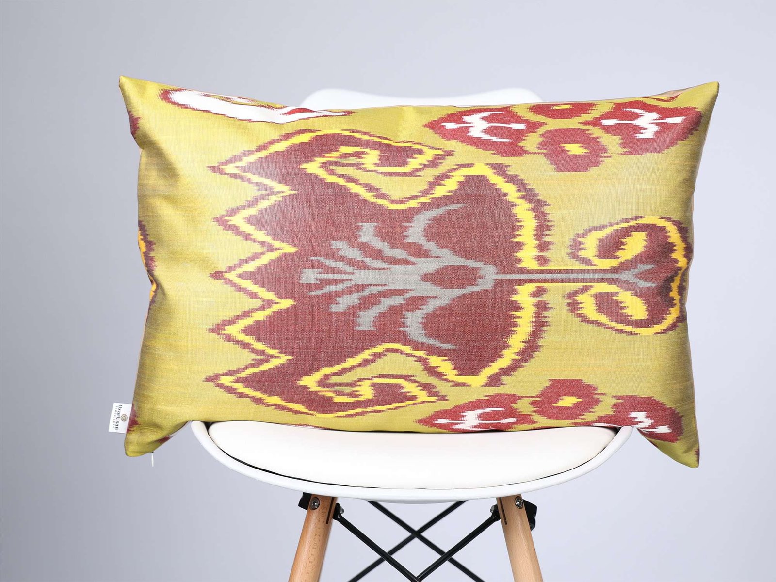 Olive Green Burgundy Handwoven Silk Ikat Cushion Cover