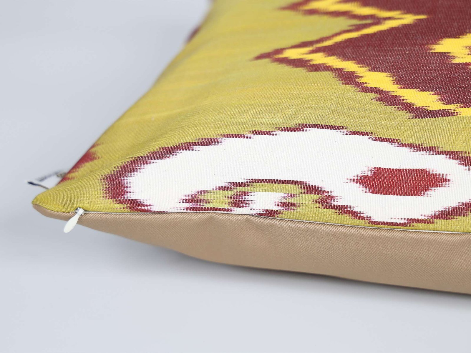 Olive Green Burgundy Handwoven Silk Ikat Cushion Cover - Image 4