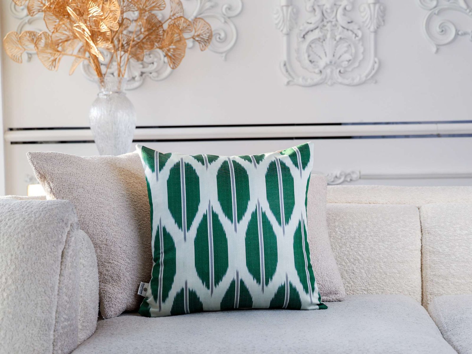 Emerald Green White Handwoven Silk Ikat Cushion Cover - Image 5