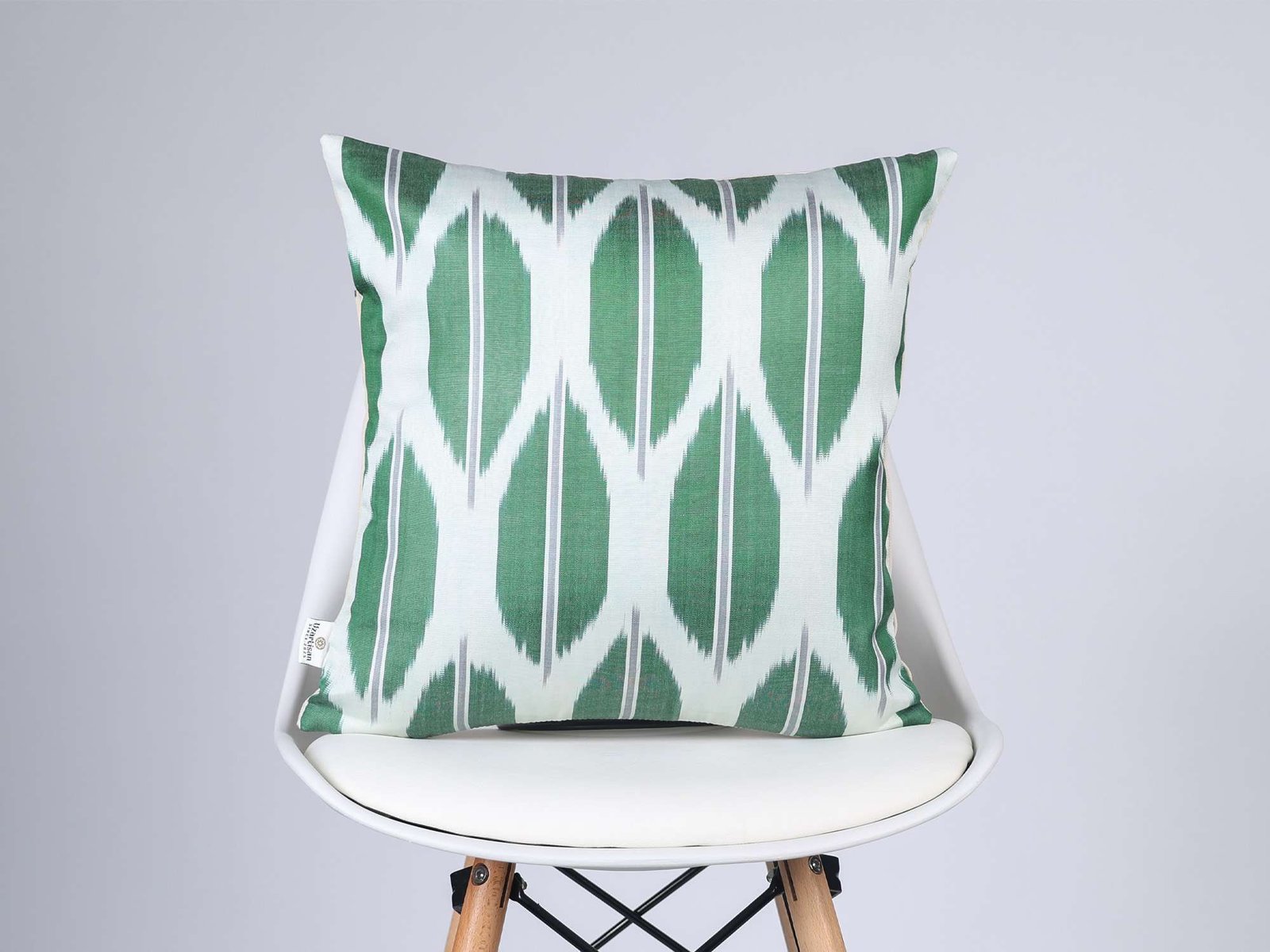 Emerald Green White Handwoven Silk Ikat Cushion Cover - Image 6