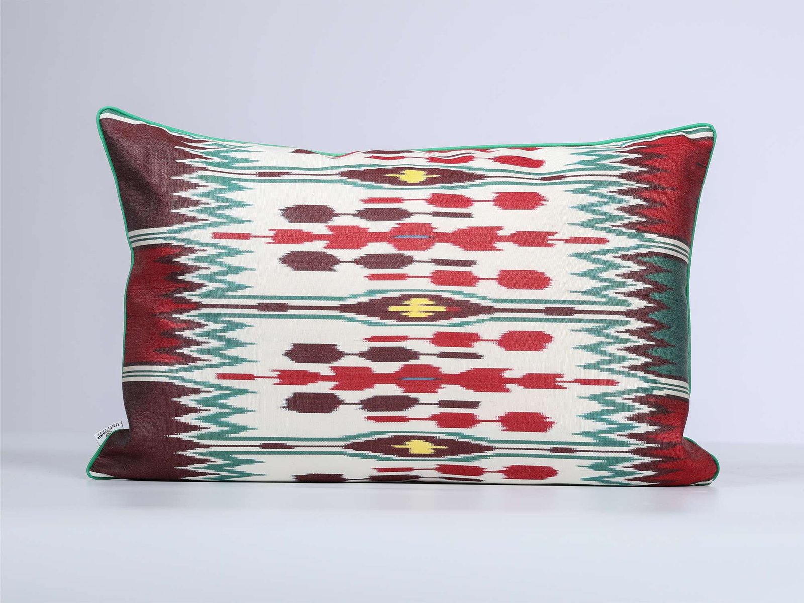 Burgundy Red Green Handwoven Silk Ikat Cushion Cover - Image 2