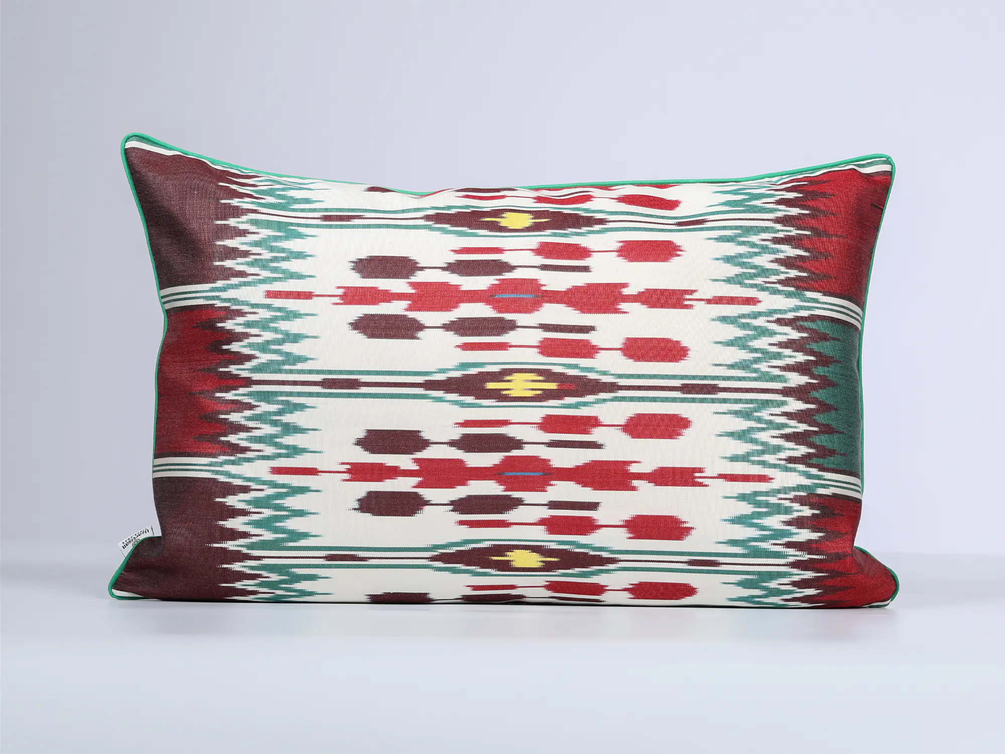 Burgundy Red Green Handwoven Silk Ikat Cushion Cover - Image 2